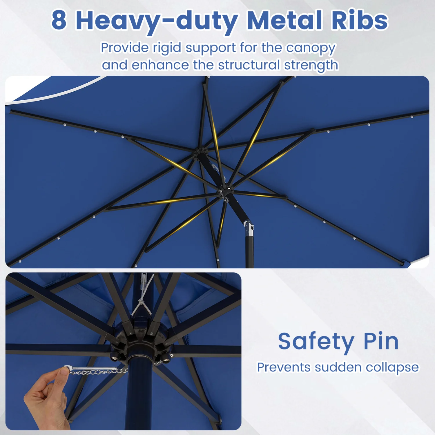 10 FT Scalloped Solar Patio Umbrella With 24 LED Lights, Navy - Image 8