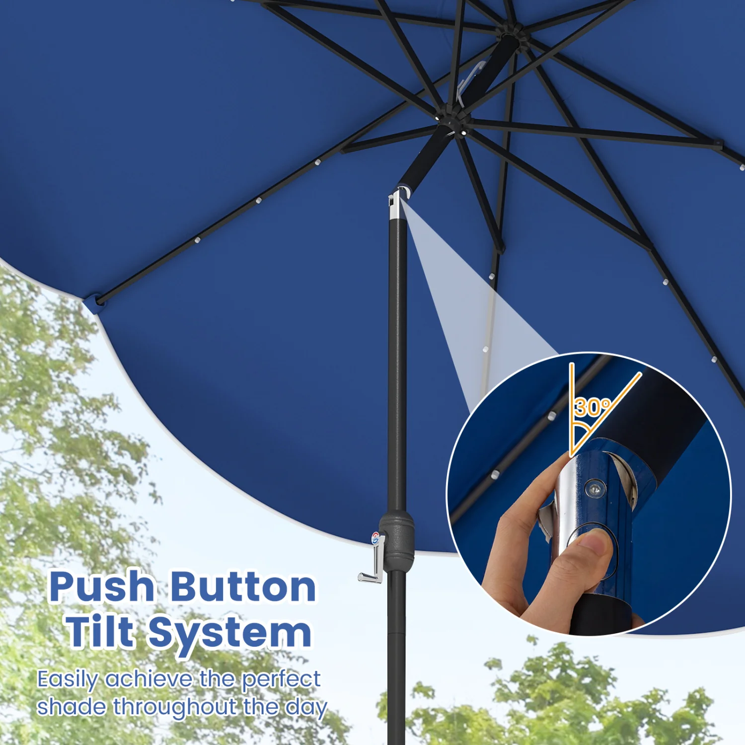10 FT Scalloped Solar Patio Umbrella With 24 LED Lights, Navy - Image 9