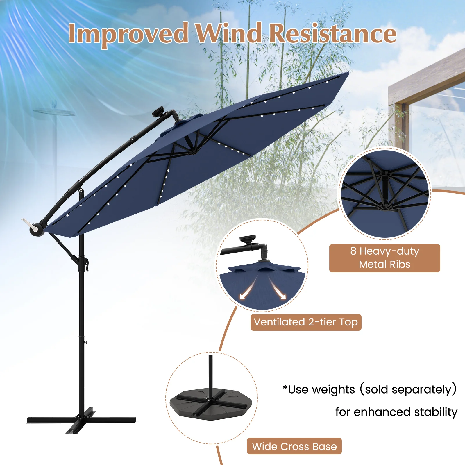 10 Ft Solar LED Offset Umbrella With 40 Lights, Cross Base, Blue - Image 10