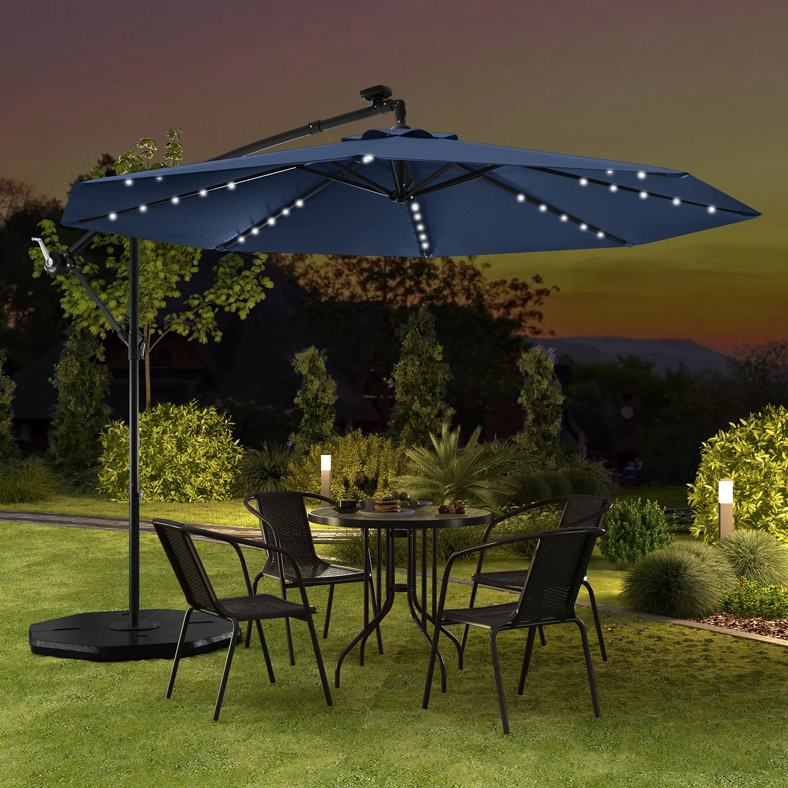 10 Ft Solar LED Offset Umbrella With 40 Lights, Cross Base, Blue - Image 3