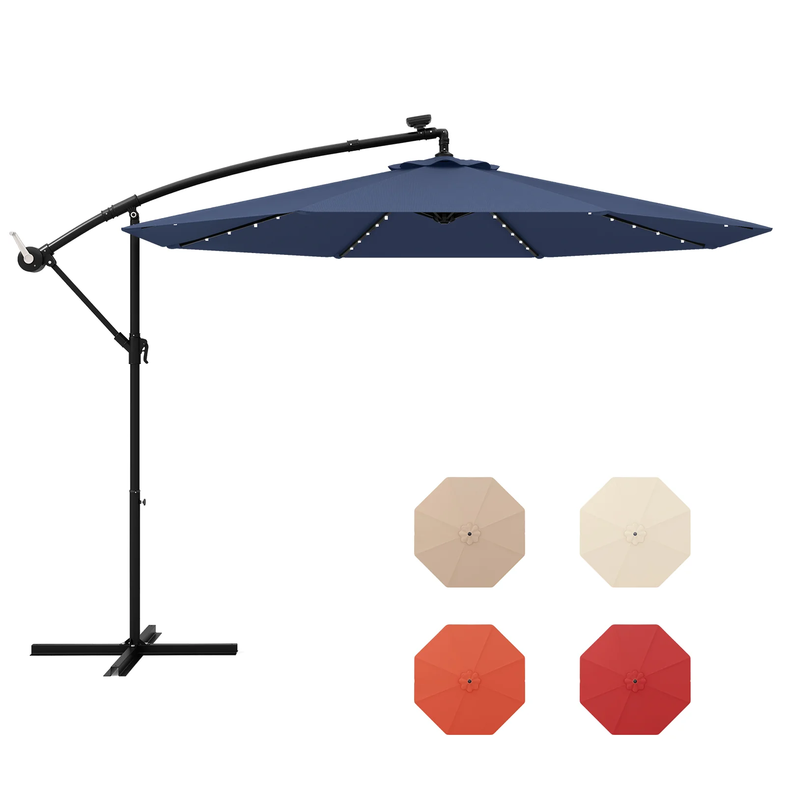 10 Ft Solar LED Offset Umbrella With 40 Lights, Cross Base, Blue - Image 5
