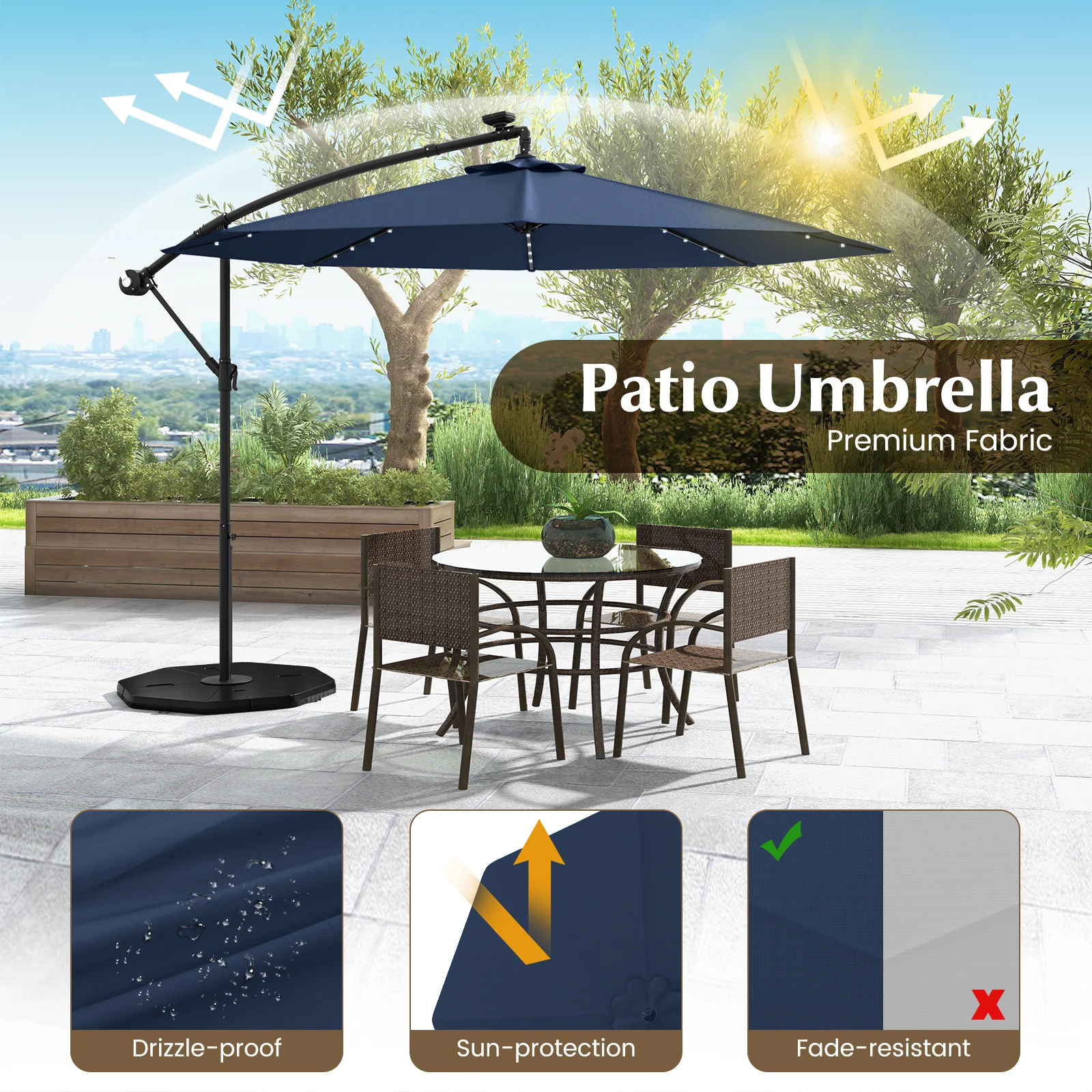 10 Ft Solar LED Offset Umbrella With 40 Lights, Cross Base, Blue - Image 8