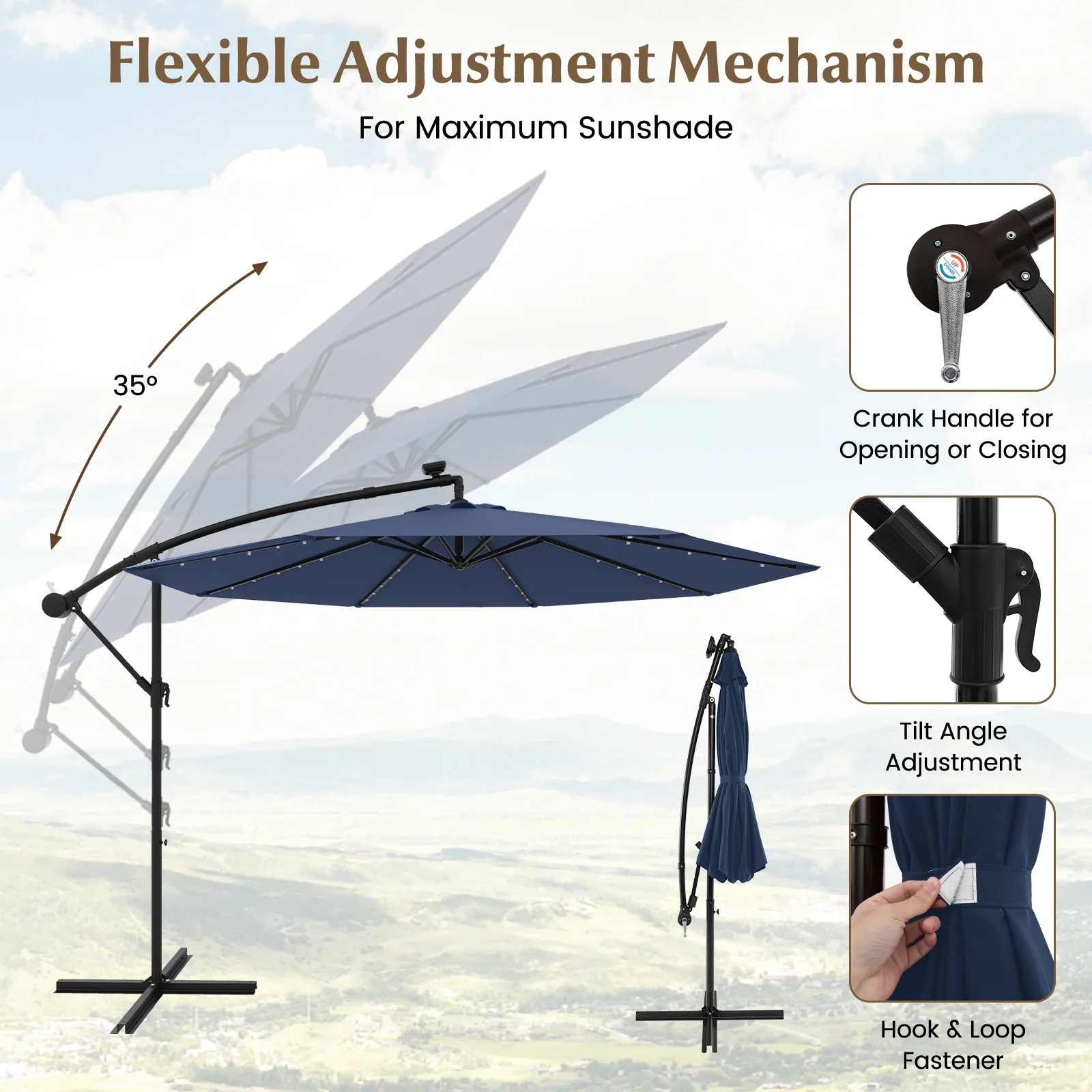 10 Ft Solar LED Offset Umbrella With 40 Lights, Cross Base, Blue - Image 9