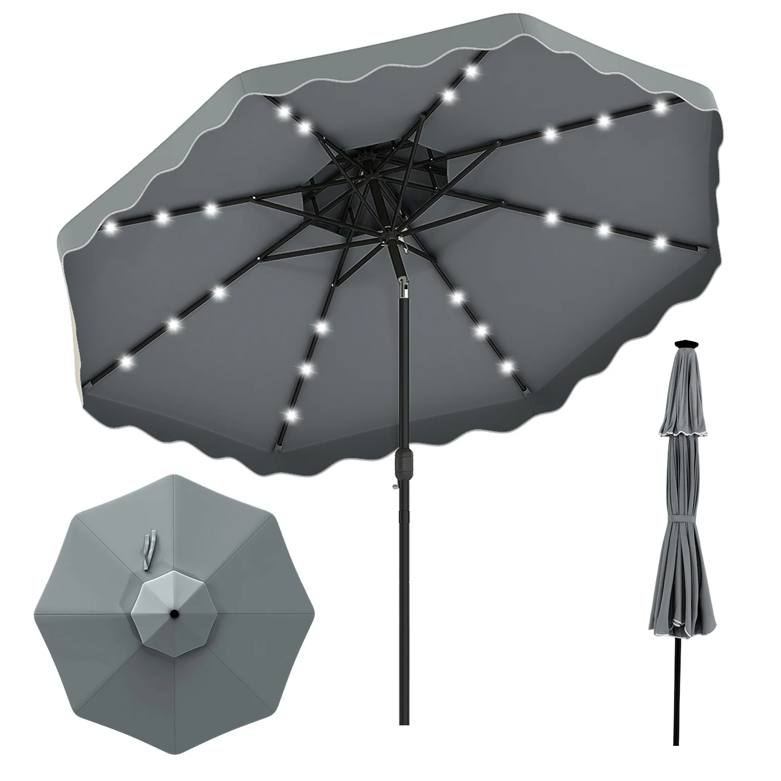 10 FT Solar LED Patio Umbrella, Gray