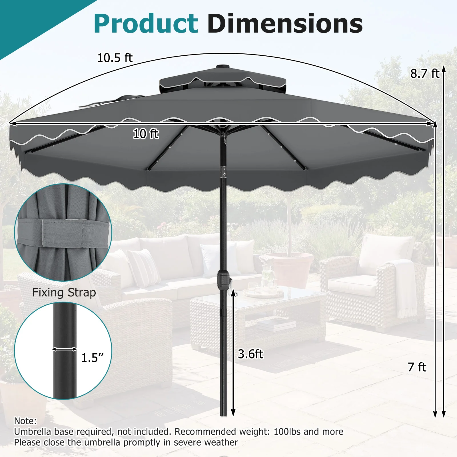 10 FT Solar LED Patio Umbrella, Gray - Image 5