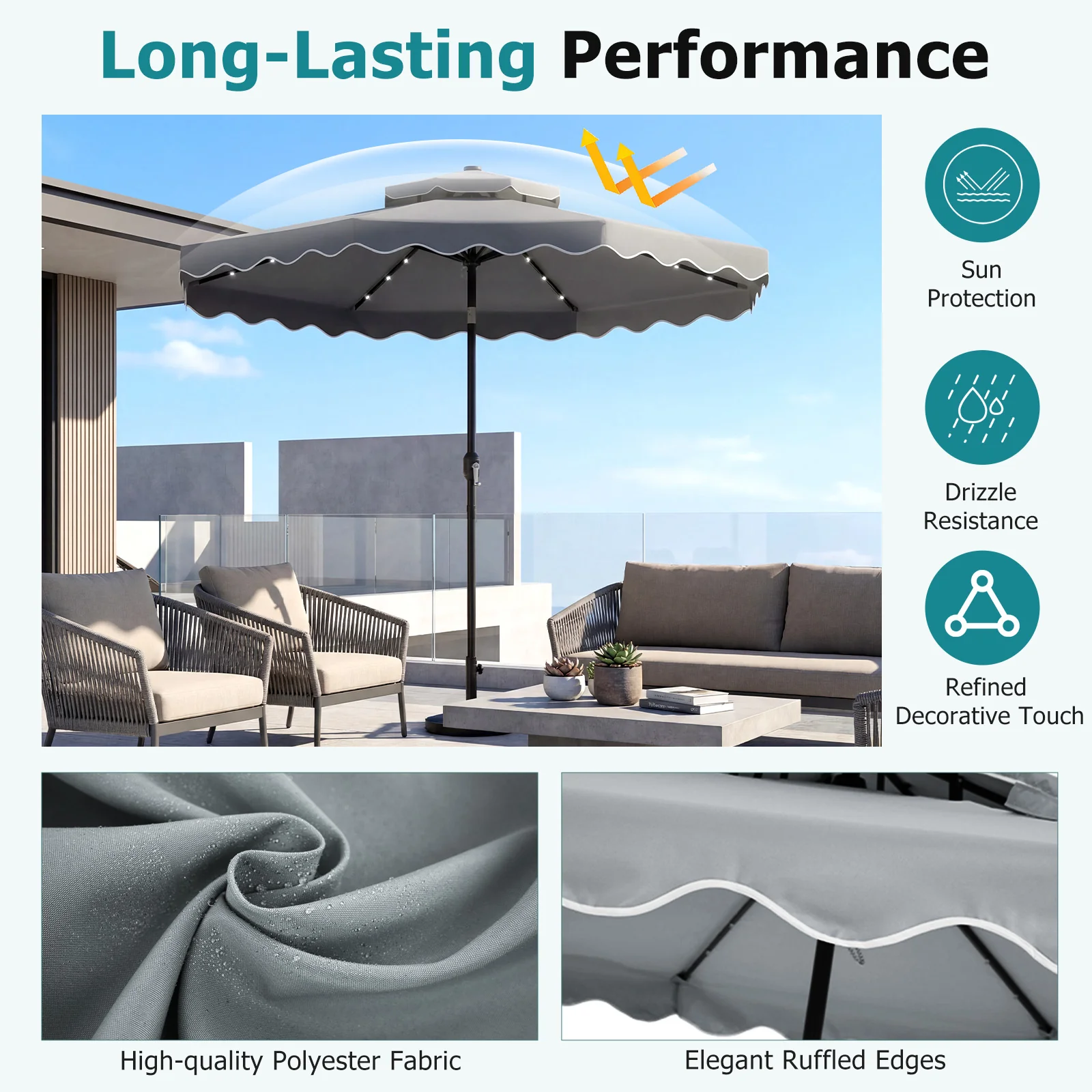 10 FT Solar LED Patio Umbrella, Gray - Image 7