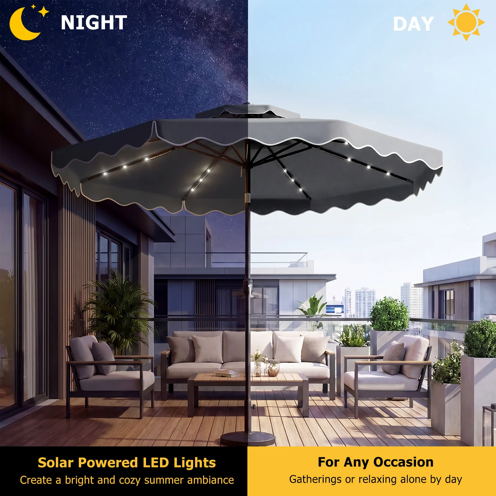10 FT Solar LED Patio Umbrella, Gray - Image 8