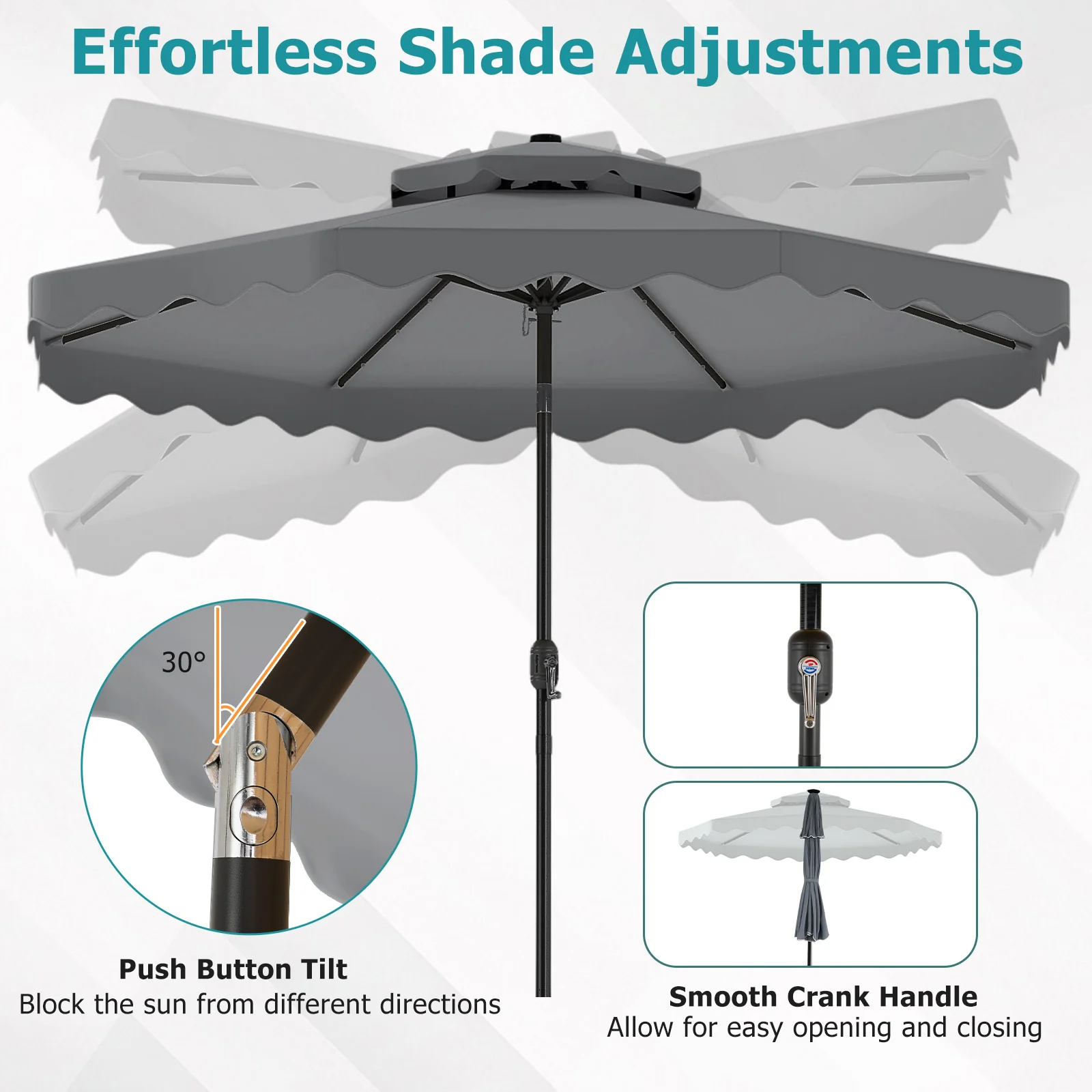 10 FT Solar LED Patio Umbrella, Gray - Image 9