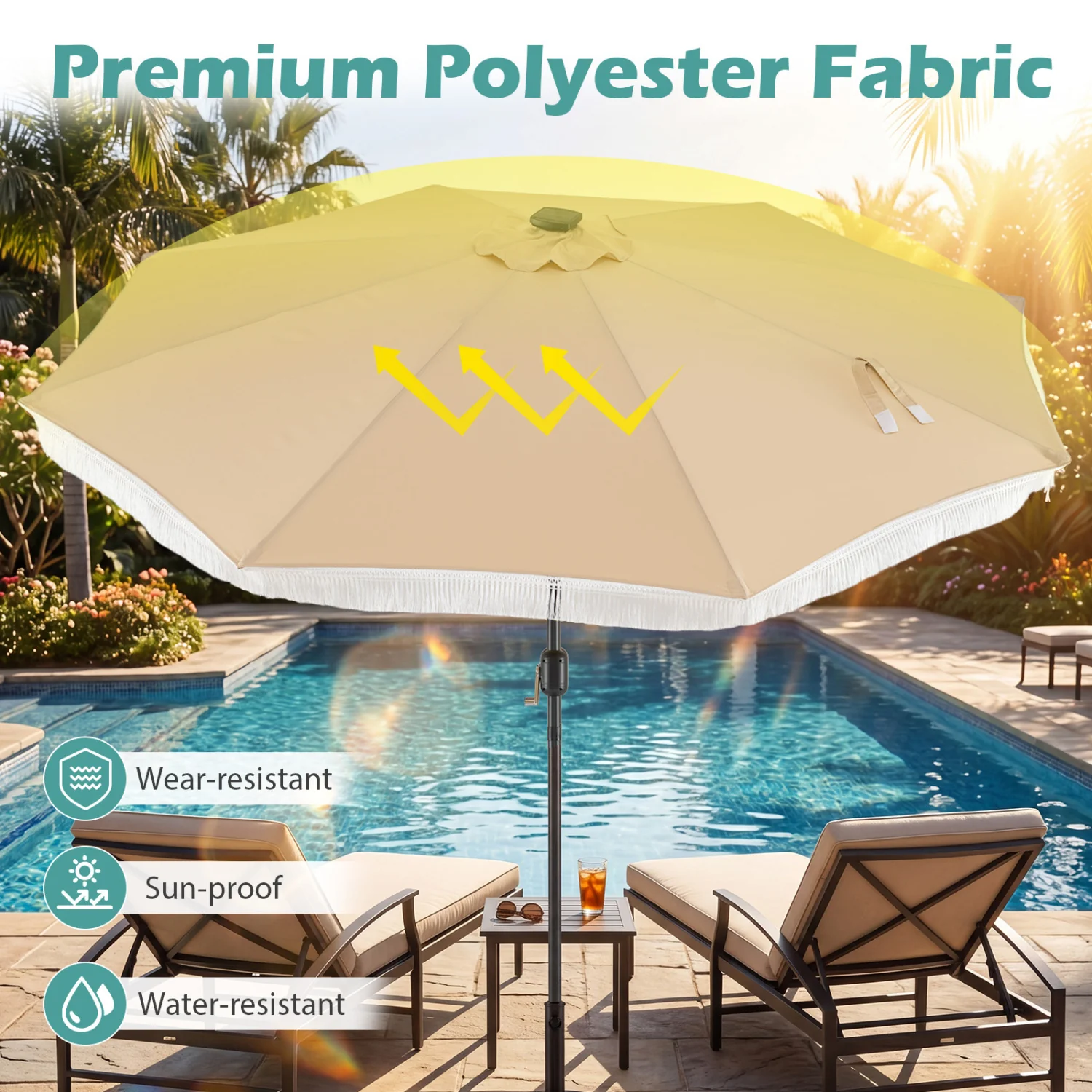 10 Ft Solar Patio Umbrella with 24 LED Lights, Beige - Image 9