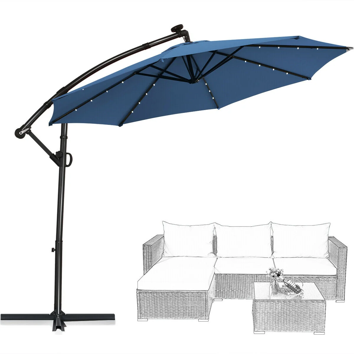 10 ft Solar Powered LED Patio Umbrella, 360° Rotation, Blue - Image 10