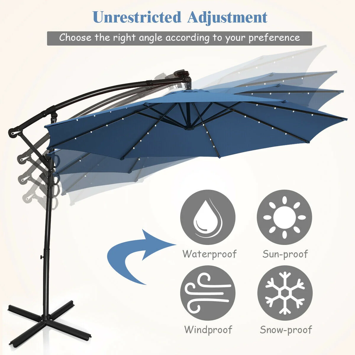 10 ft Solar Powered LED Patio Umbrella, 360° Rotation, Blue - Image 6