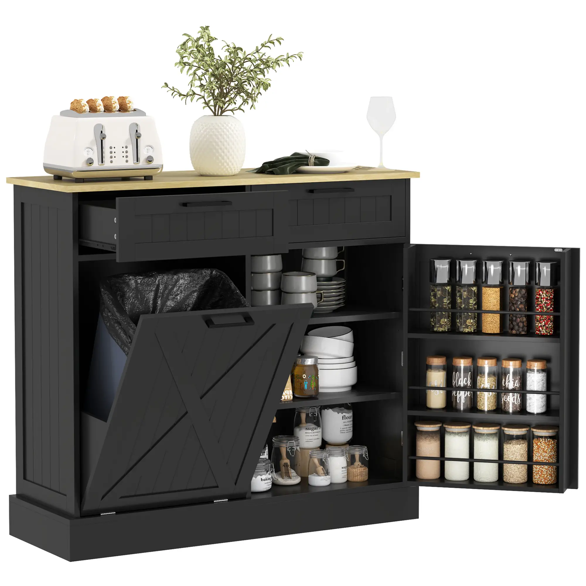 10 Gallon Hidden Garbage Bin Cabinet, Tilt Out Trash, 2 Drawers, Black