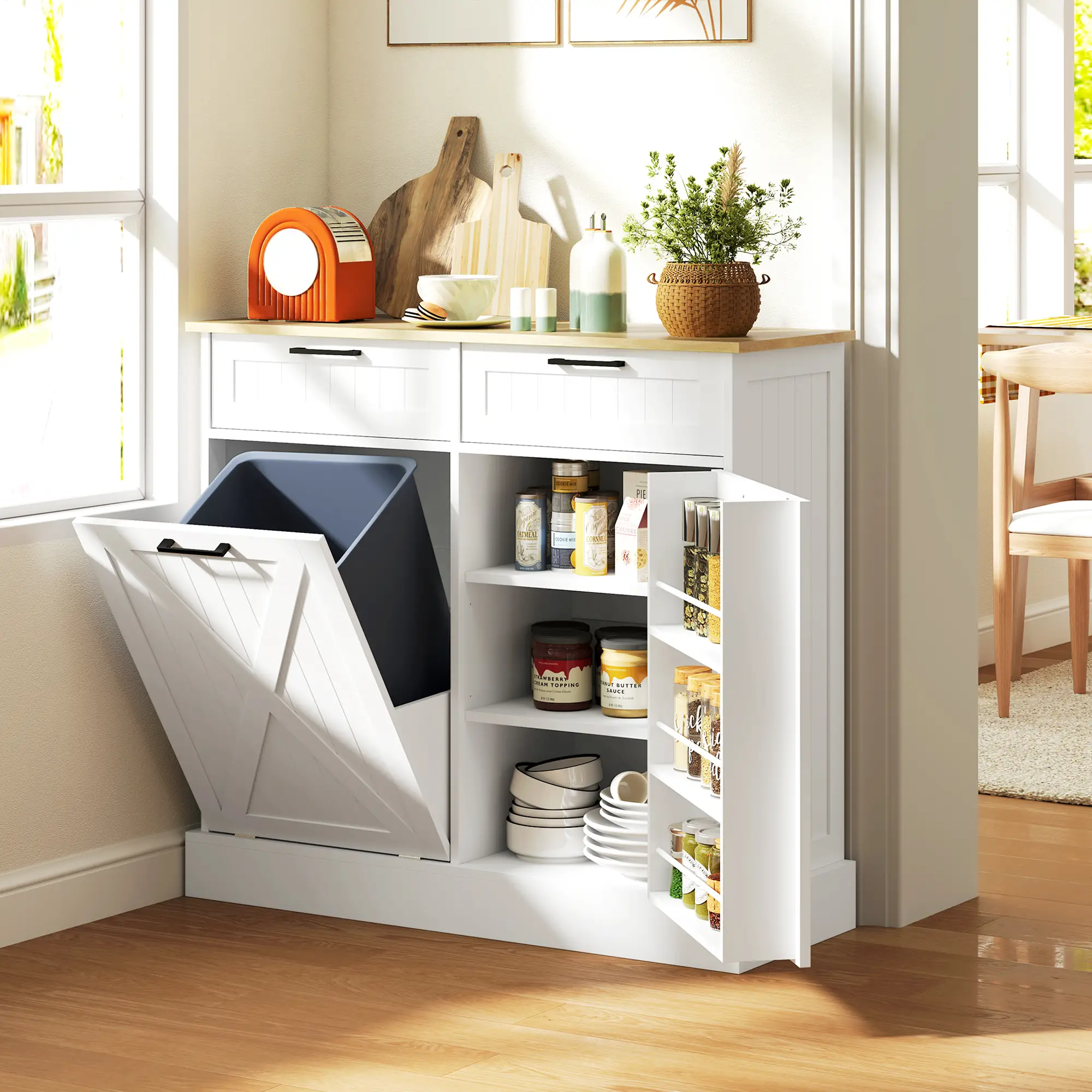 10 Gallon Hidden Garbage Bin Cabinet, Tilt Out Trash, White - Image 2