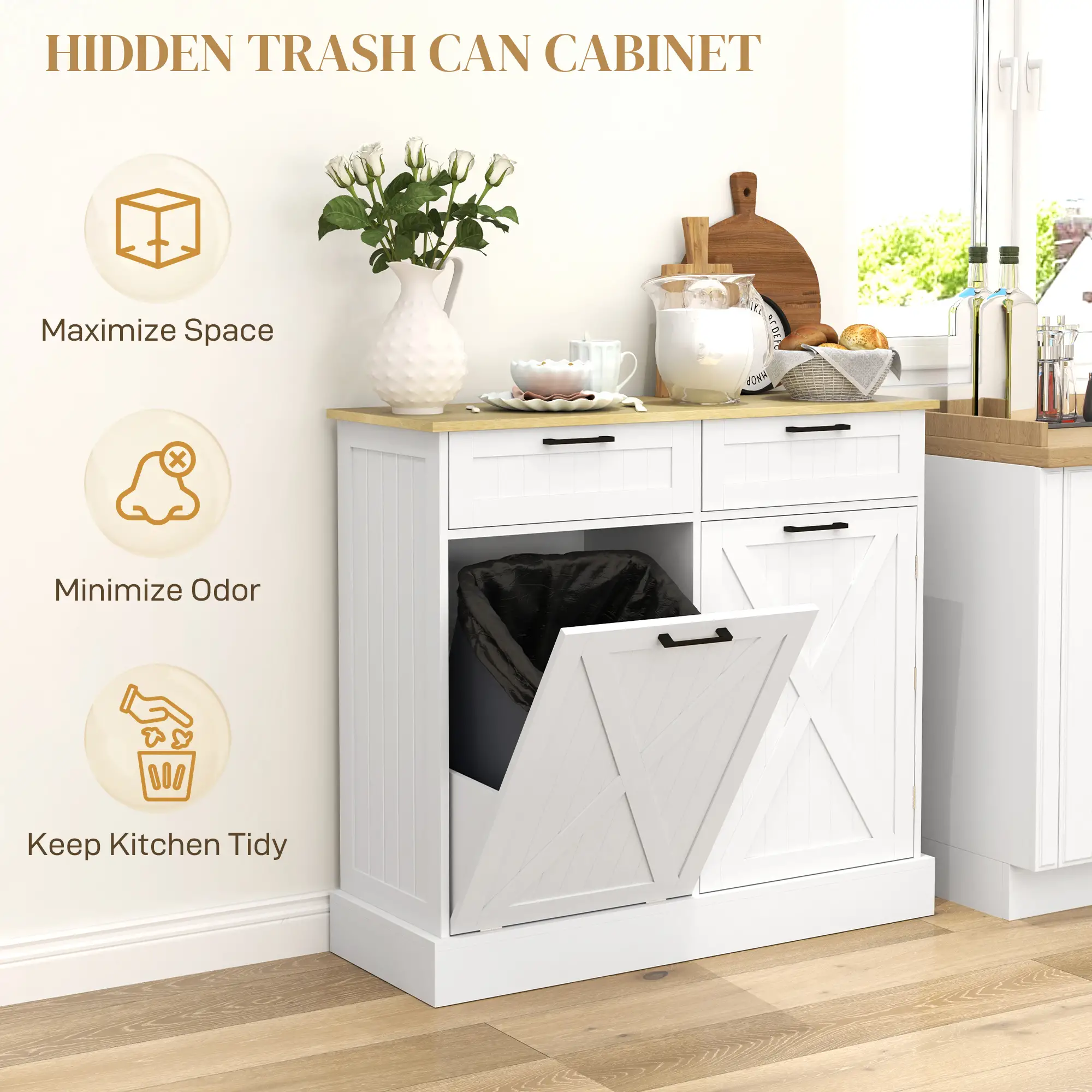 10 Gallon Hidden Garbage Bin Cabinet, Tilt Out Trash, White - Image 4