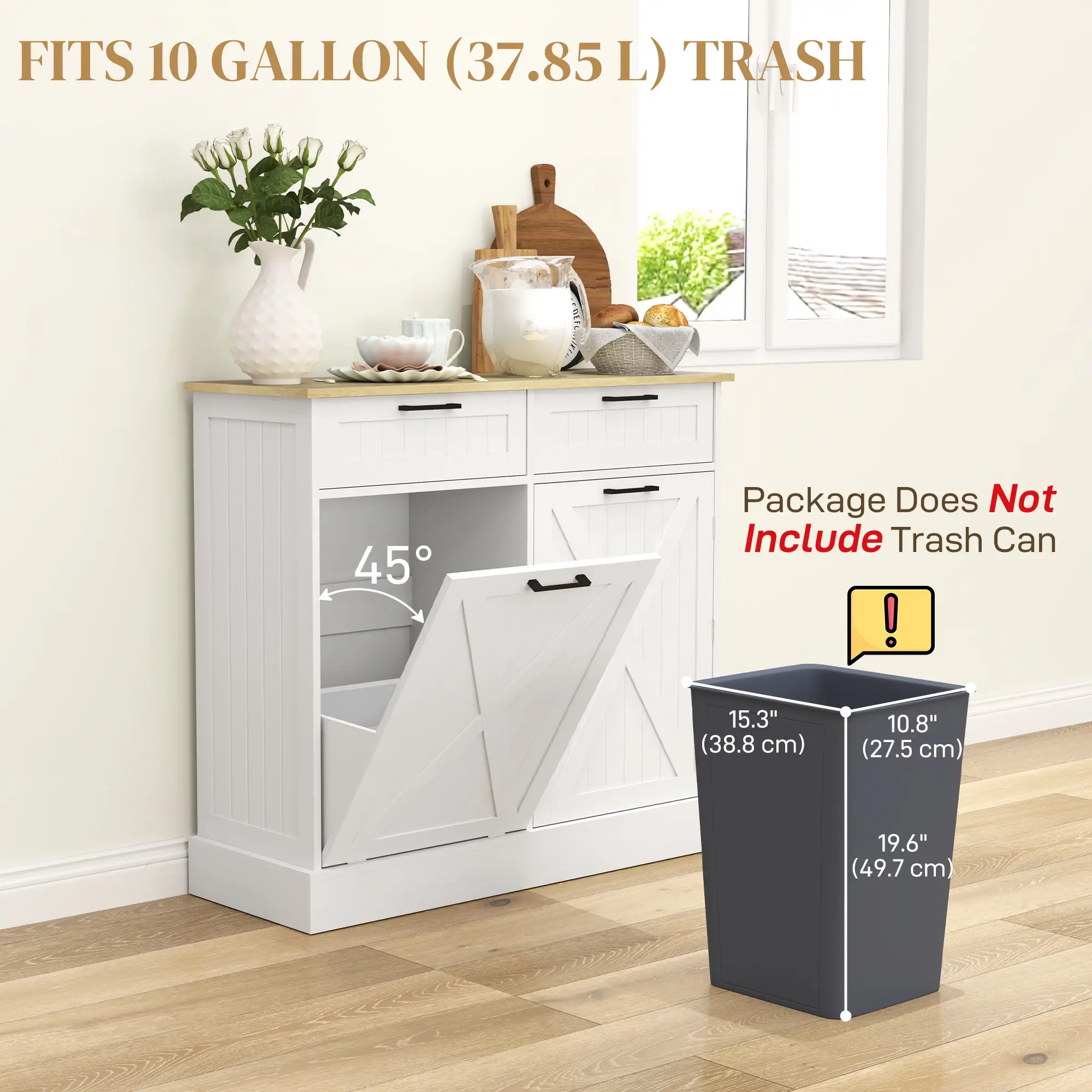 10 Gallon Hidden Garbage Bin Cabinet, Tilt Out Trash, White - Image 5