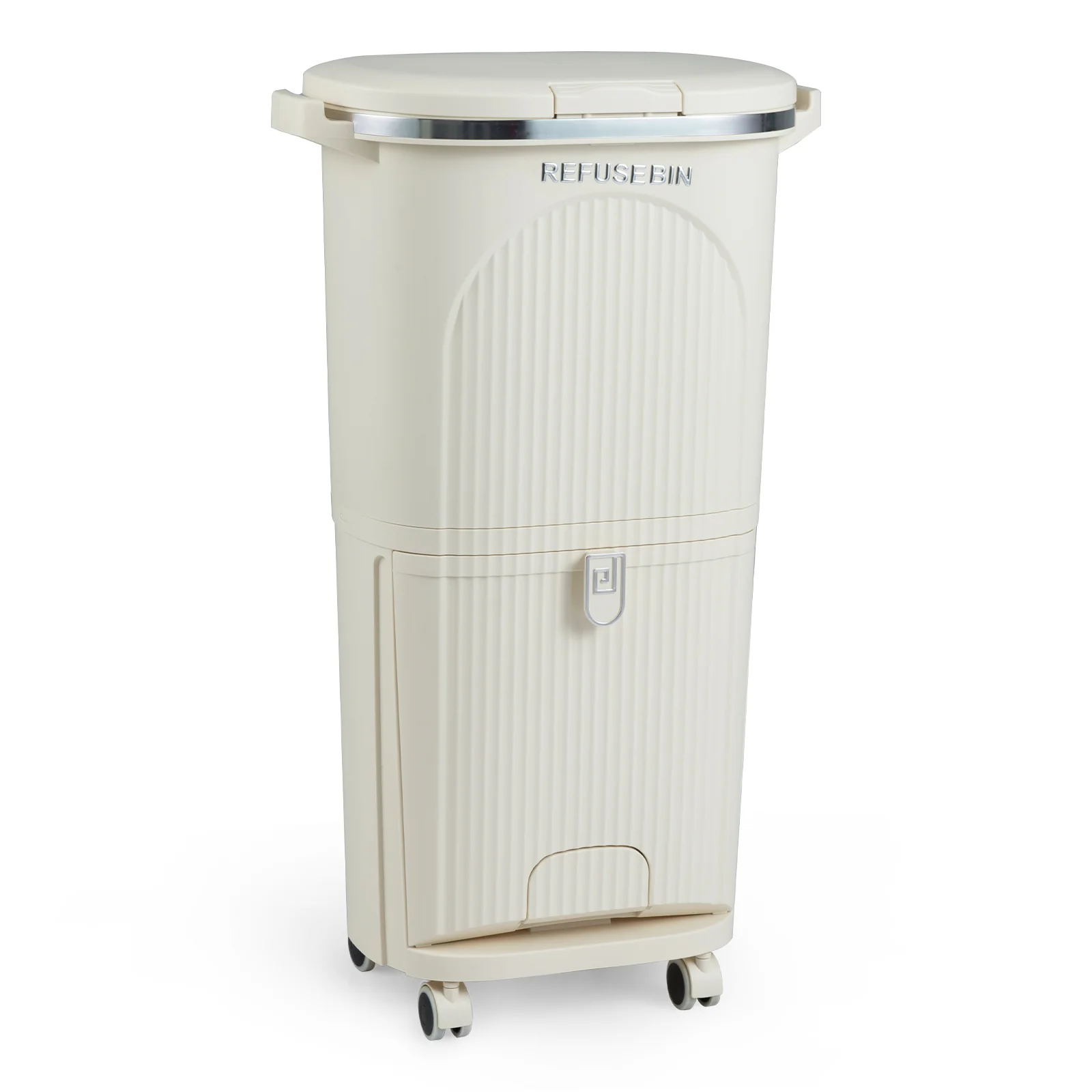 10 Gallon Kitchen Trash Can, Double Layer, Lid, 2 Removable Buckets, Beige - Image 3