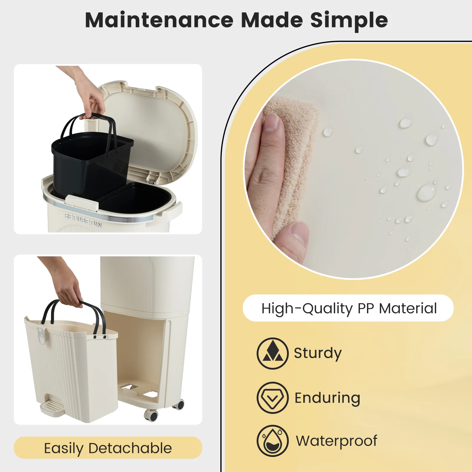 10 Gallon Kitchen Trash Can, Double Layer, Lid, 2 Removable Buckets, Beige - Image 9