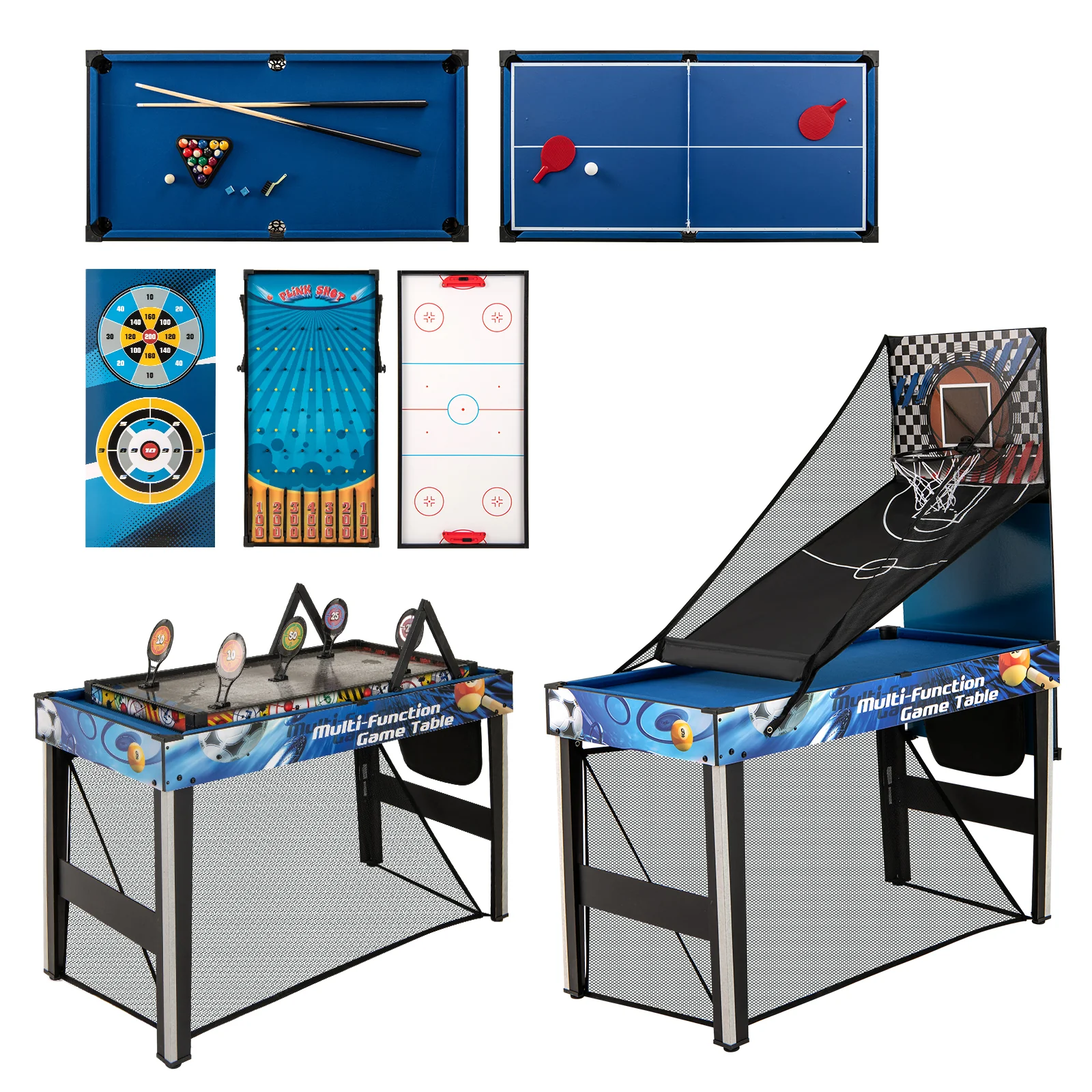 10-in-1 Combo Game Table Set with Table Tennis Basketball Soccer, Blue