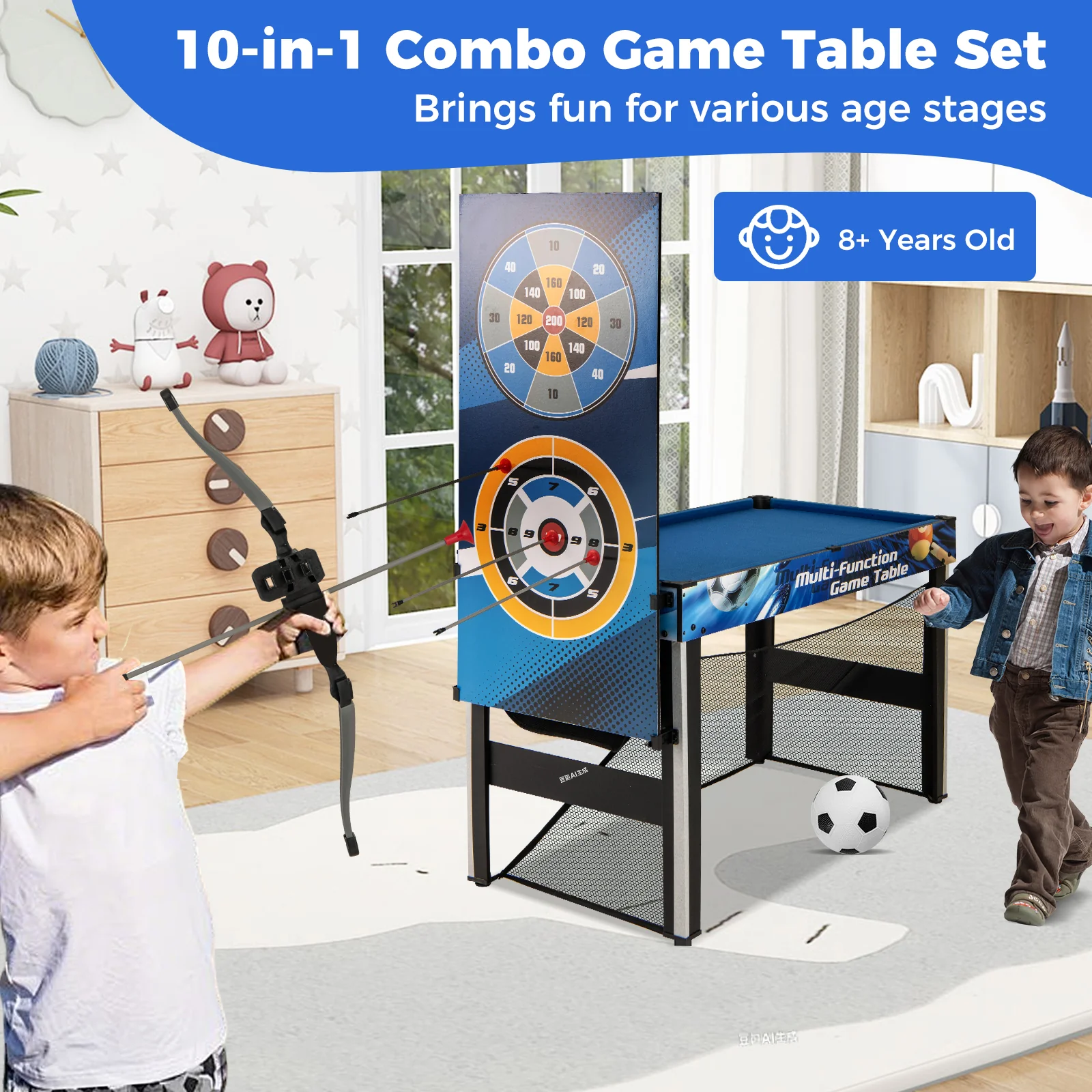 10-in-1 Combo Game Table Set with Table Tennis Basketball Soccer, Blue - Image 6