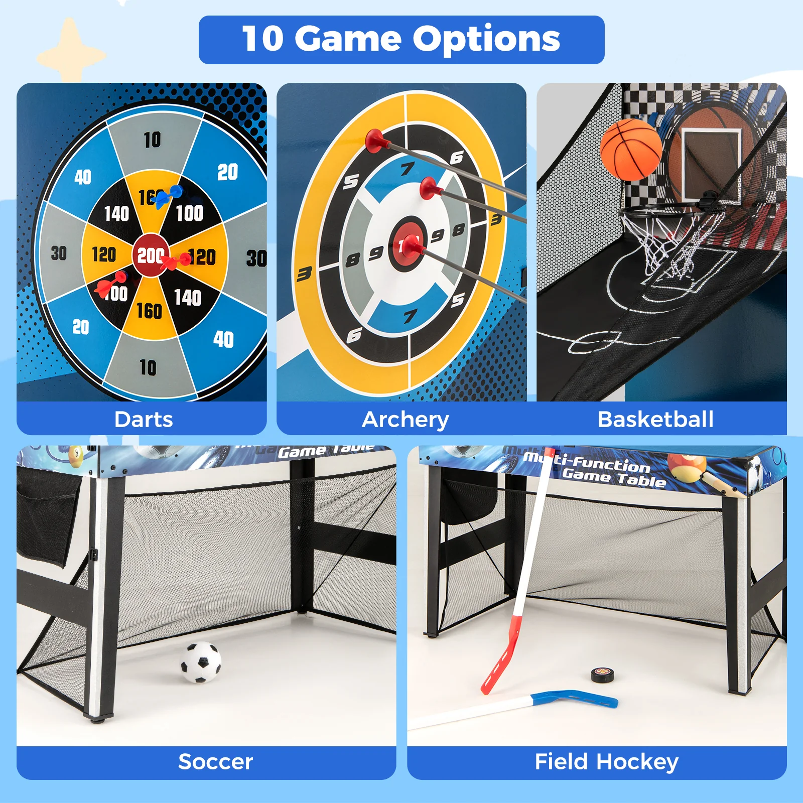 10-in-1 Combo Game Table Set with Table Tennis Basketball Soccer, Blue - Image 8