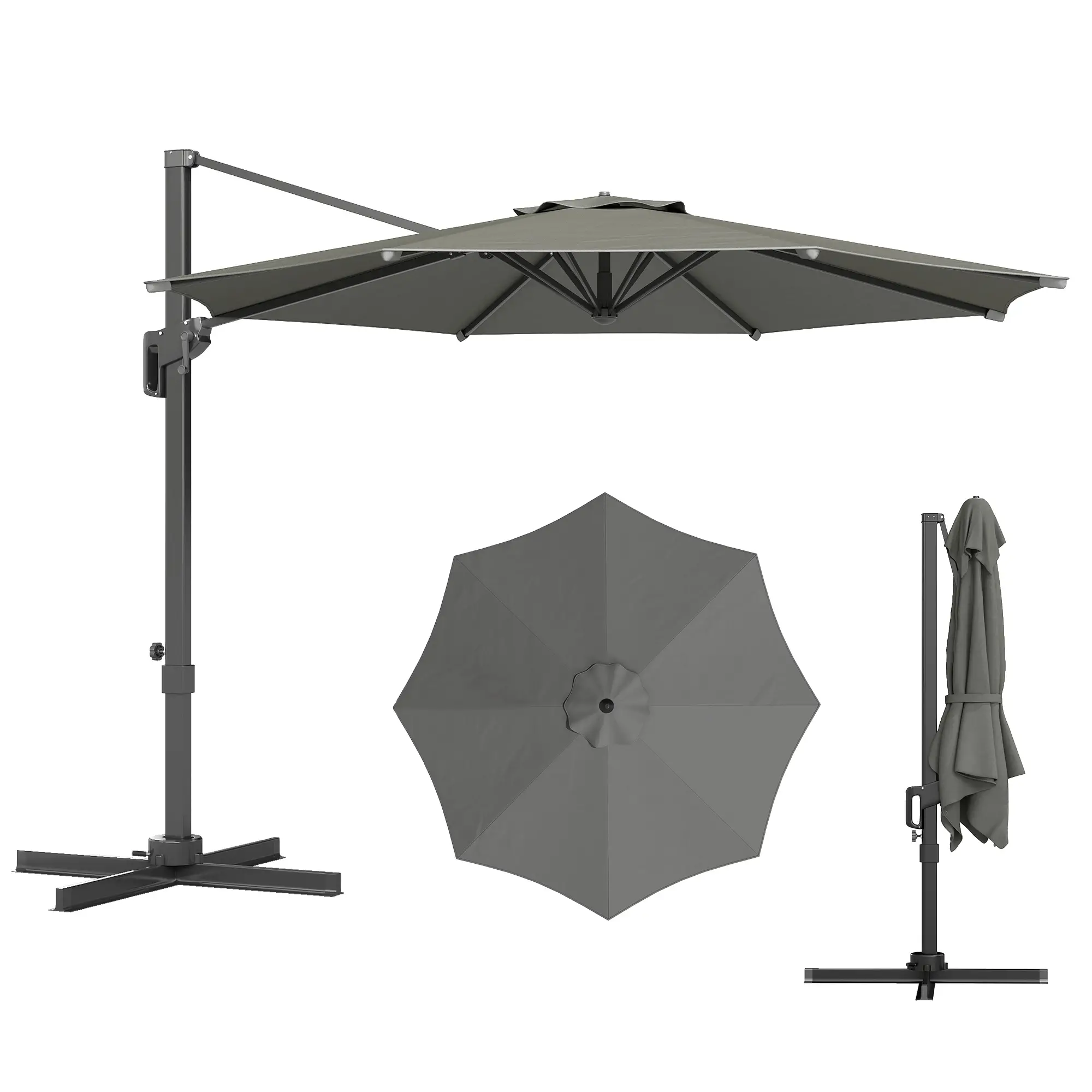 10' Offset Patio Umbrella, Aluminum Pole, 360° Rotation, Grey - Image 11