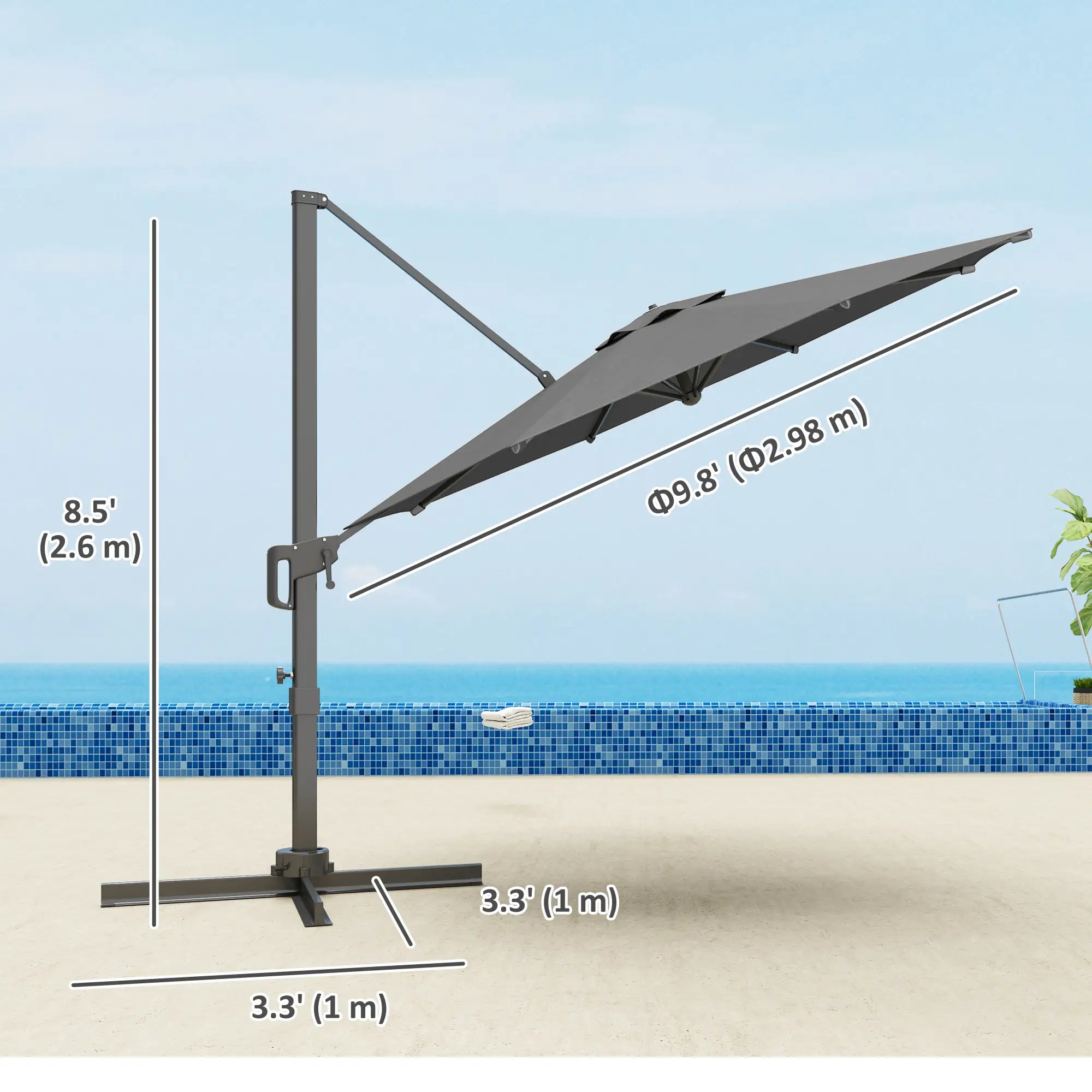 10' Offset Patio Umbrella, Aluminum Pole, 360° Rotation, Grey - Image 3