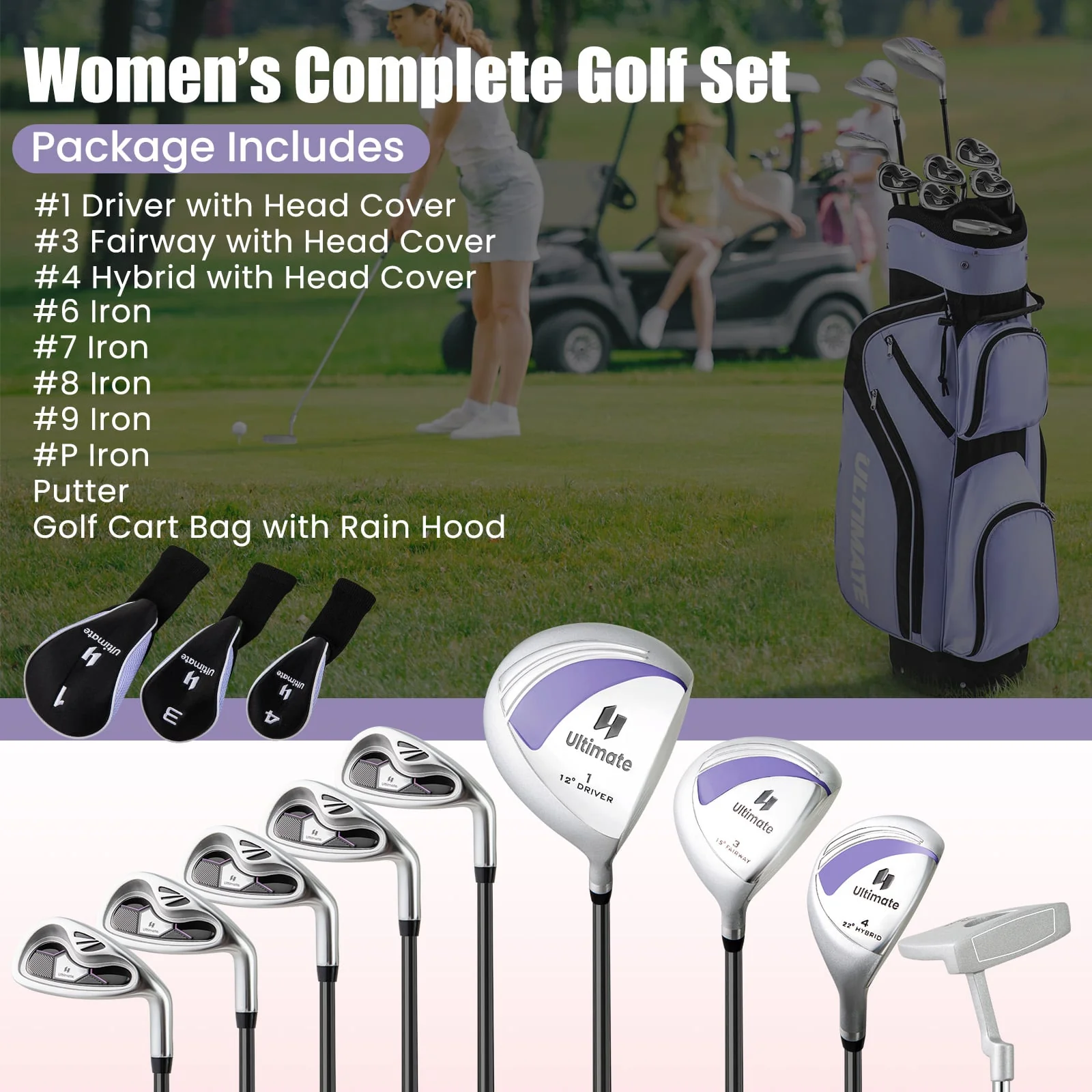 10 Piece Ladies Golf Club Set, Alloy Driver, Purple - Image 4