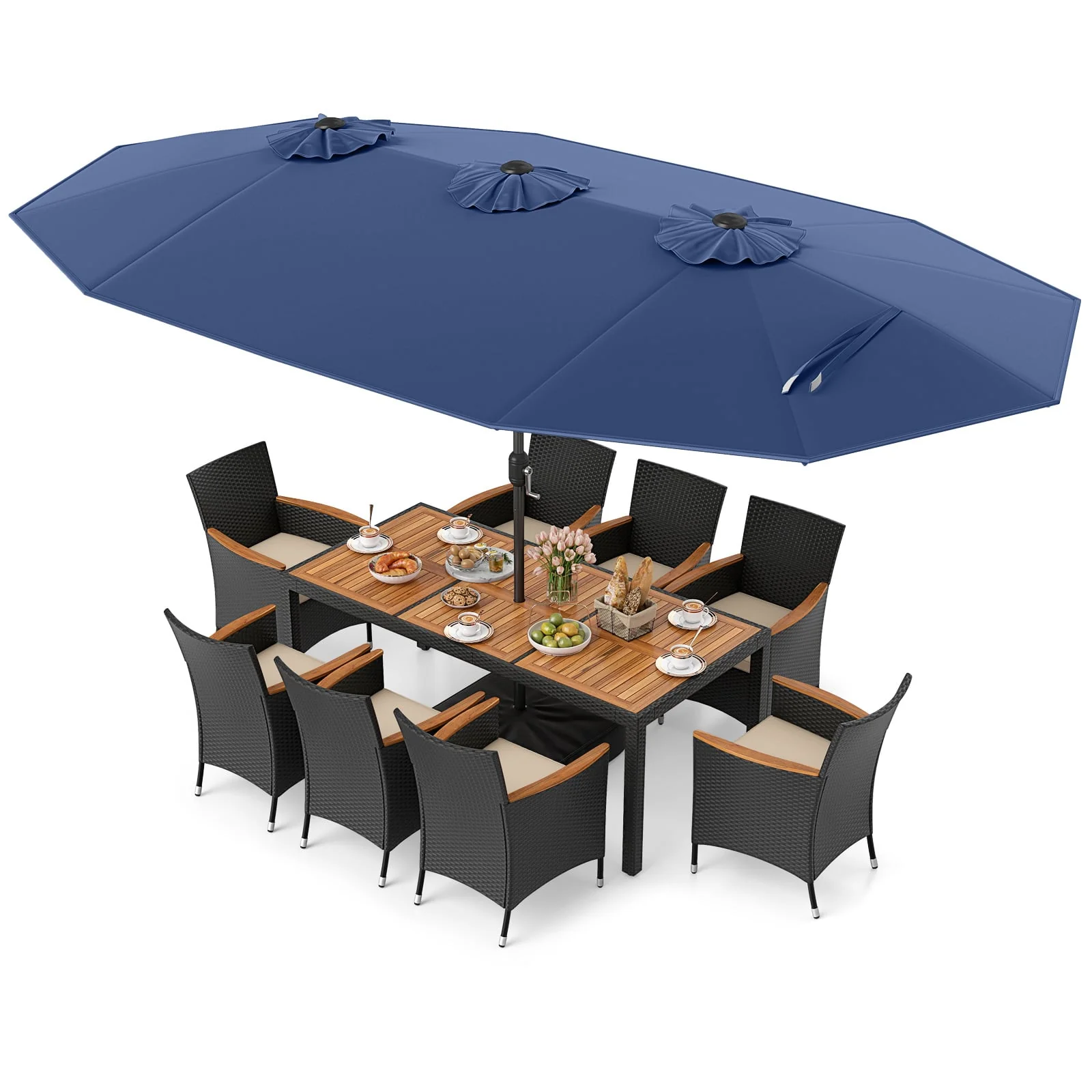 10 Piece Outdoor Dining Set With 15 Ft Twin Umbrella, Navy
