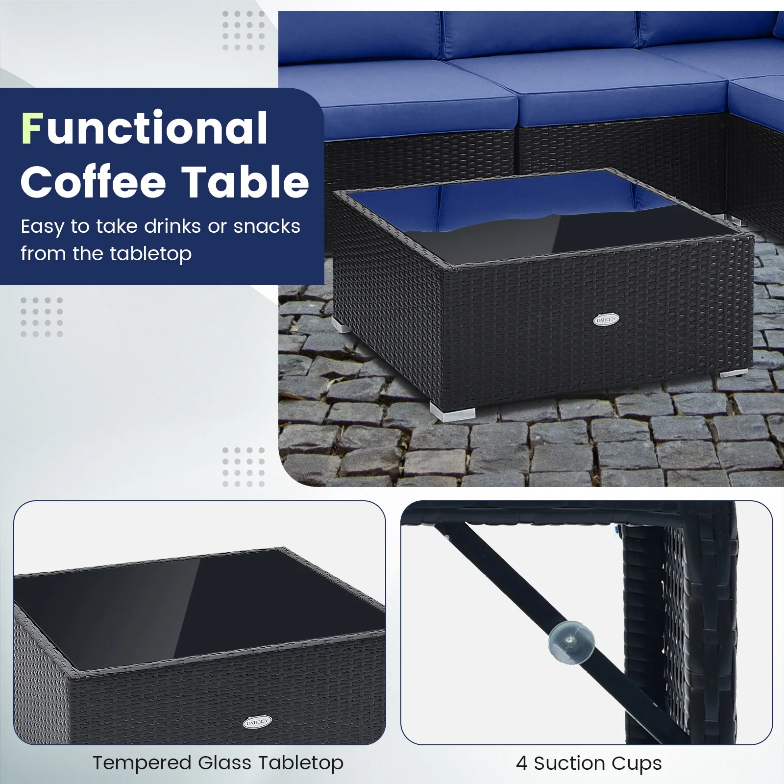 10 Piece Outdoor Wicker Conversation Set with Seat and Back Cushions, Navy - Image 10
