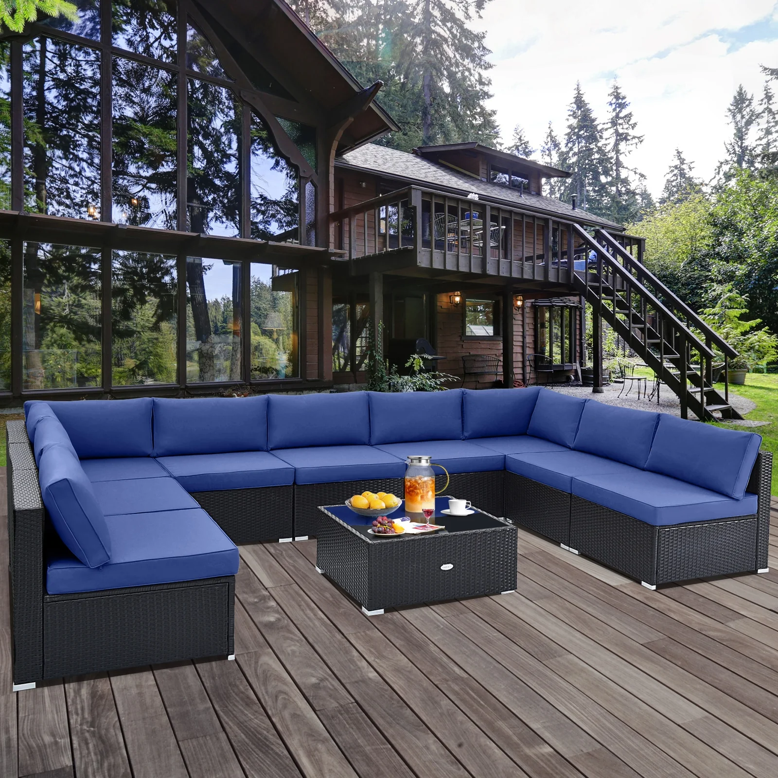 10 Piece Outdoor Wicker Conversation Set with Seat and Back Cushions, Navy - Image 2