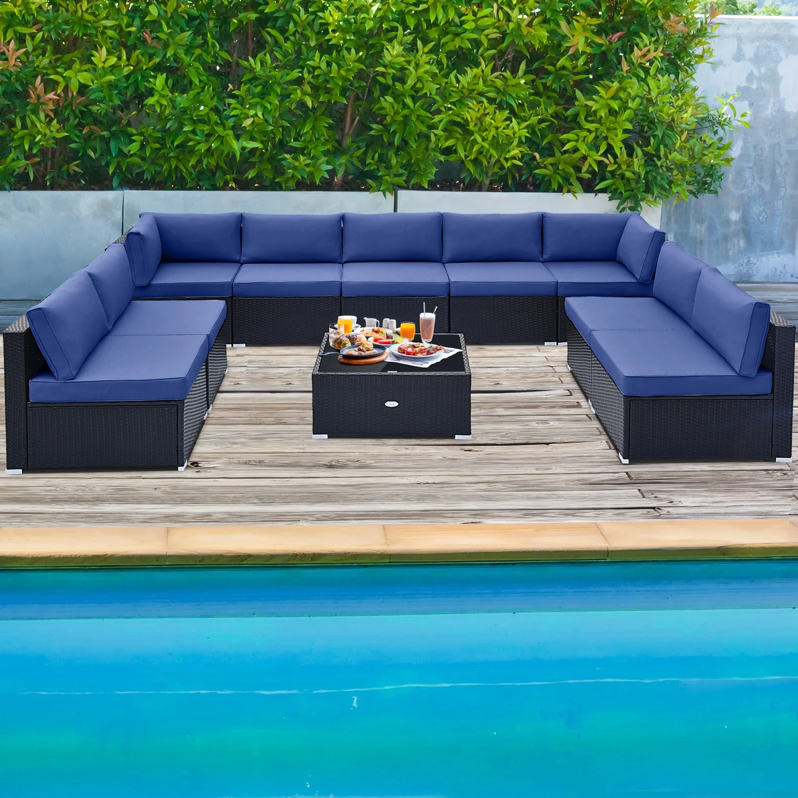 10 Piece Outdoor Wicker Conversation Set with Seat and Back Cushions, Navy - Image 3