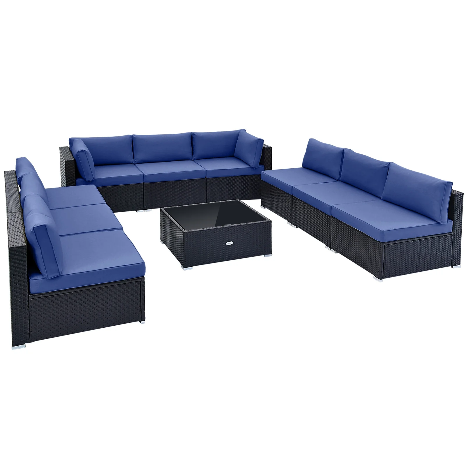 10 Piece Outdoor Wicker Conversation Set with Seat and Back Cushions, Navy - Image 5