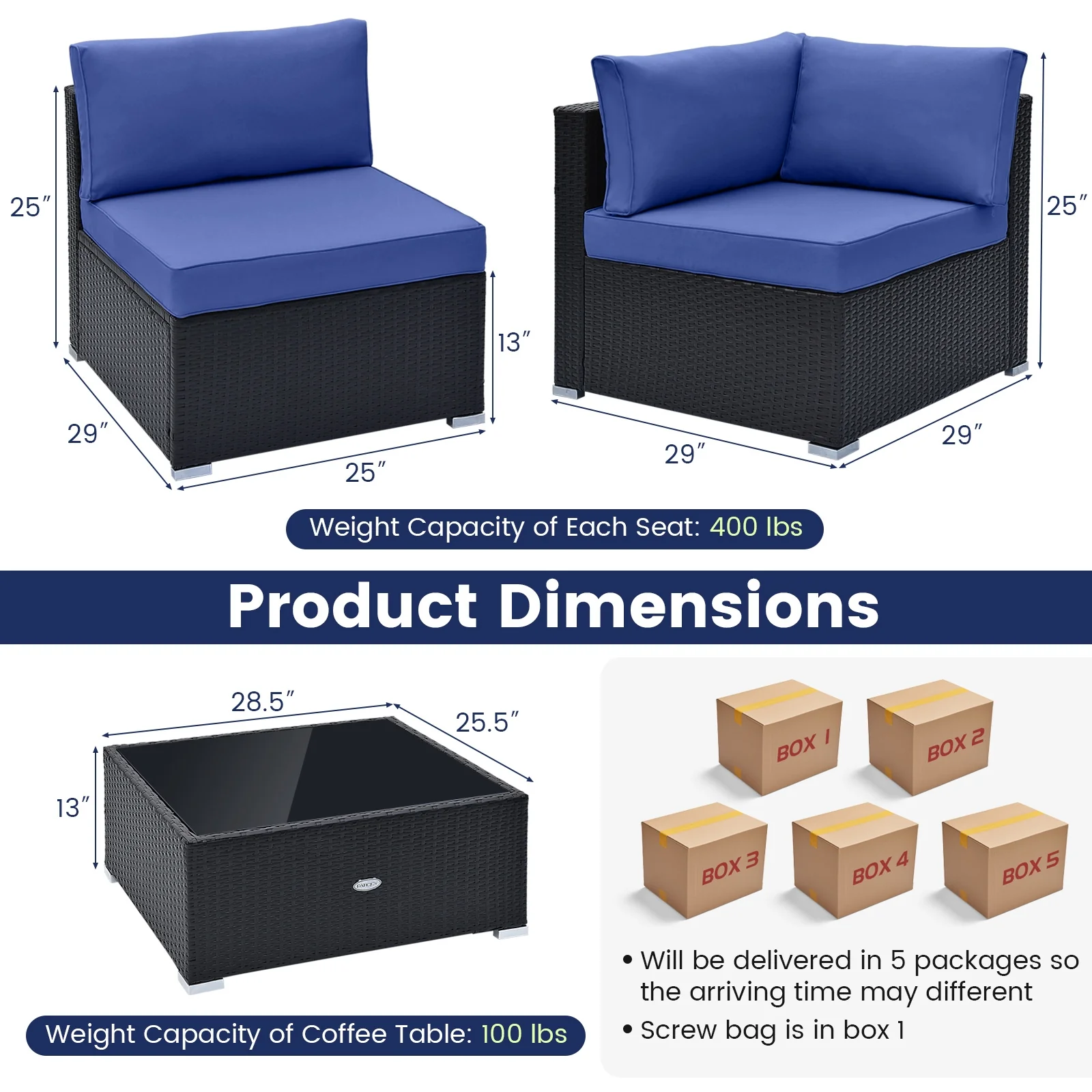 10 Piece Outdoor Wicker Conversation Set with Seat and Back Cushions, Navy - Image 6