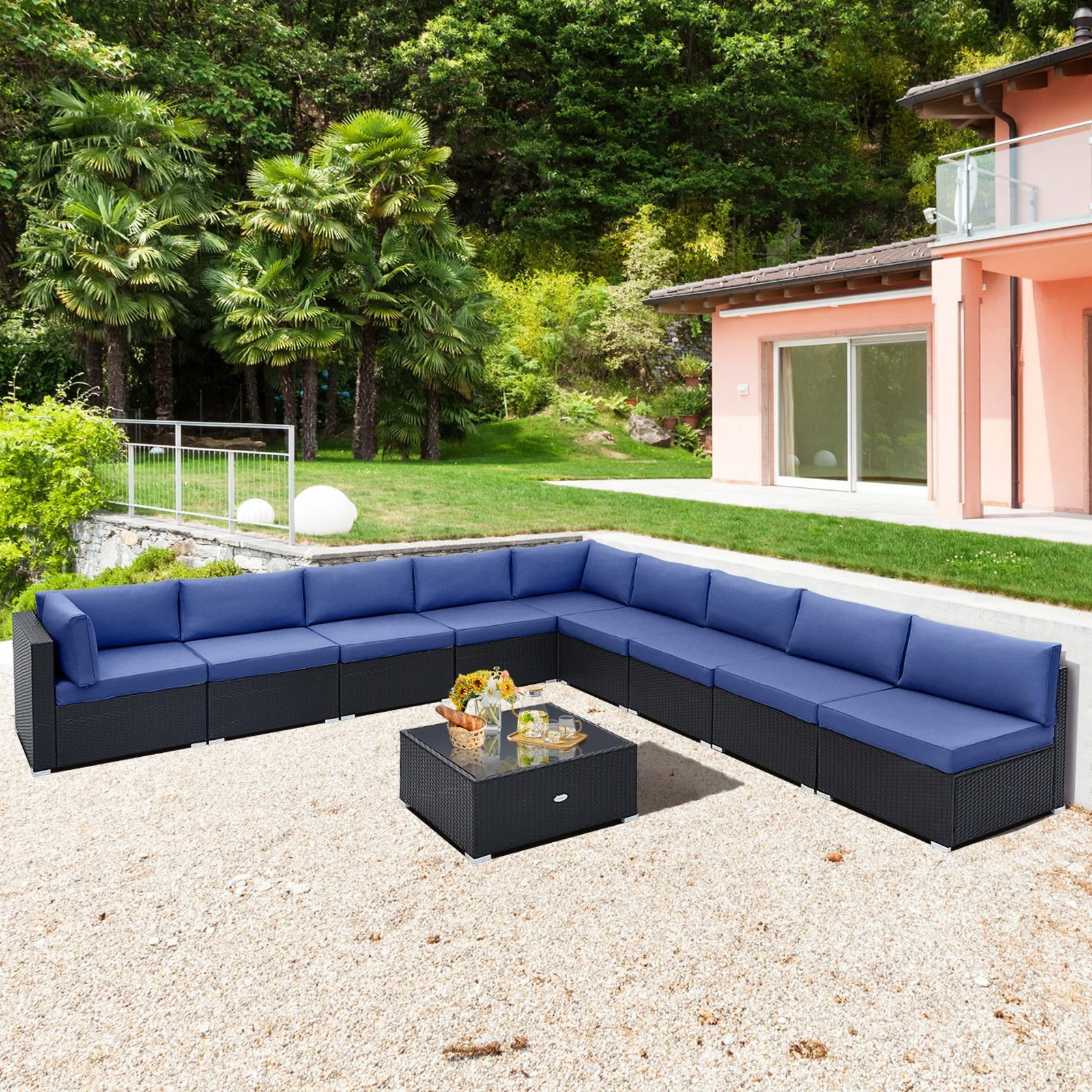 10 Piece Outdoor Wicker Conversation Set with Seat and Back Cushions, Navy - Image 7