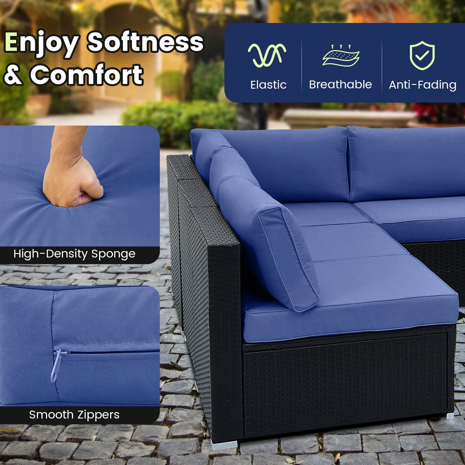 10 Piece Outdoor Wicker Conversation Set with Seat and Back Cushions, Navy - Image 8