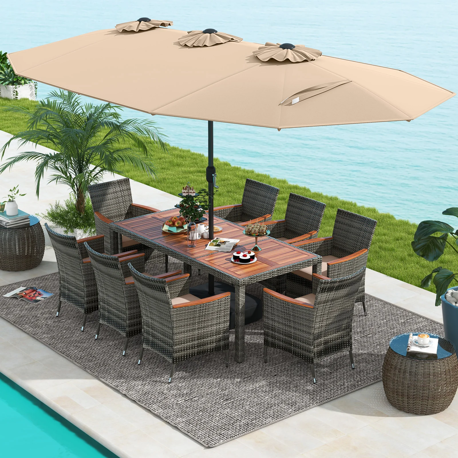 10-Piece Wicker Dining Set, 15-Foot Double-Sided Umbrella, Brown - Image 2