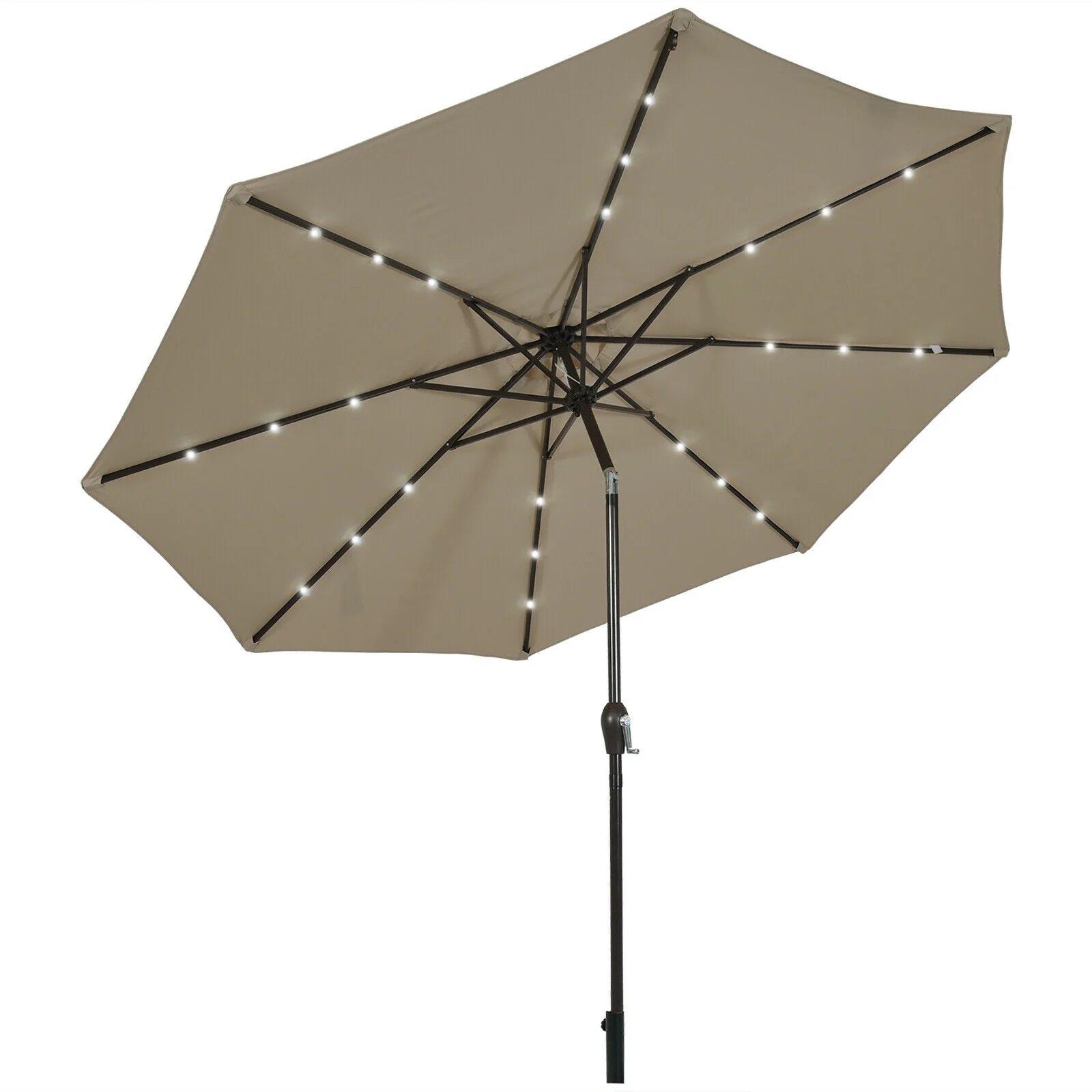 10' Solar LED Patio Umbrella, Tilt Adjustment Crank, Tan