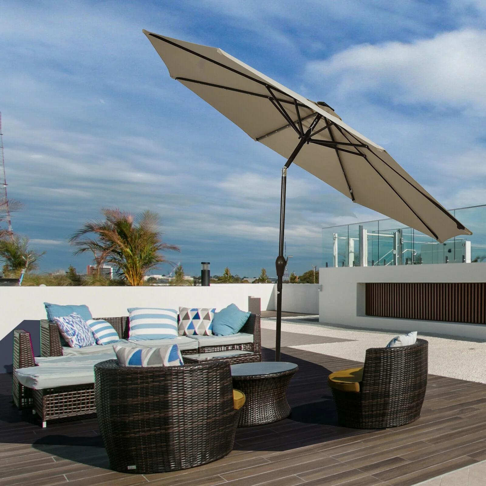 10' Solar LED Patio Umbrella, Tilt Adjustment Crank, Tan - Image 10