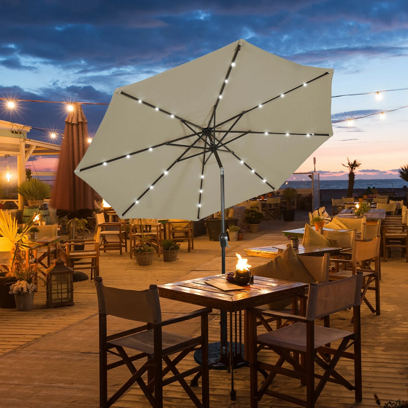 10' Solar LED Patio Umbrella, Tilt Adjustment Crank, Tan - Image 2