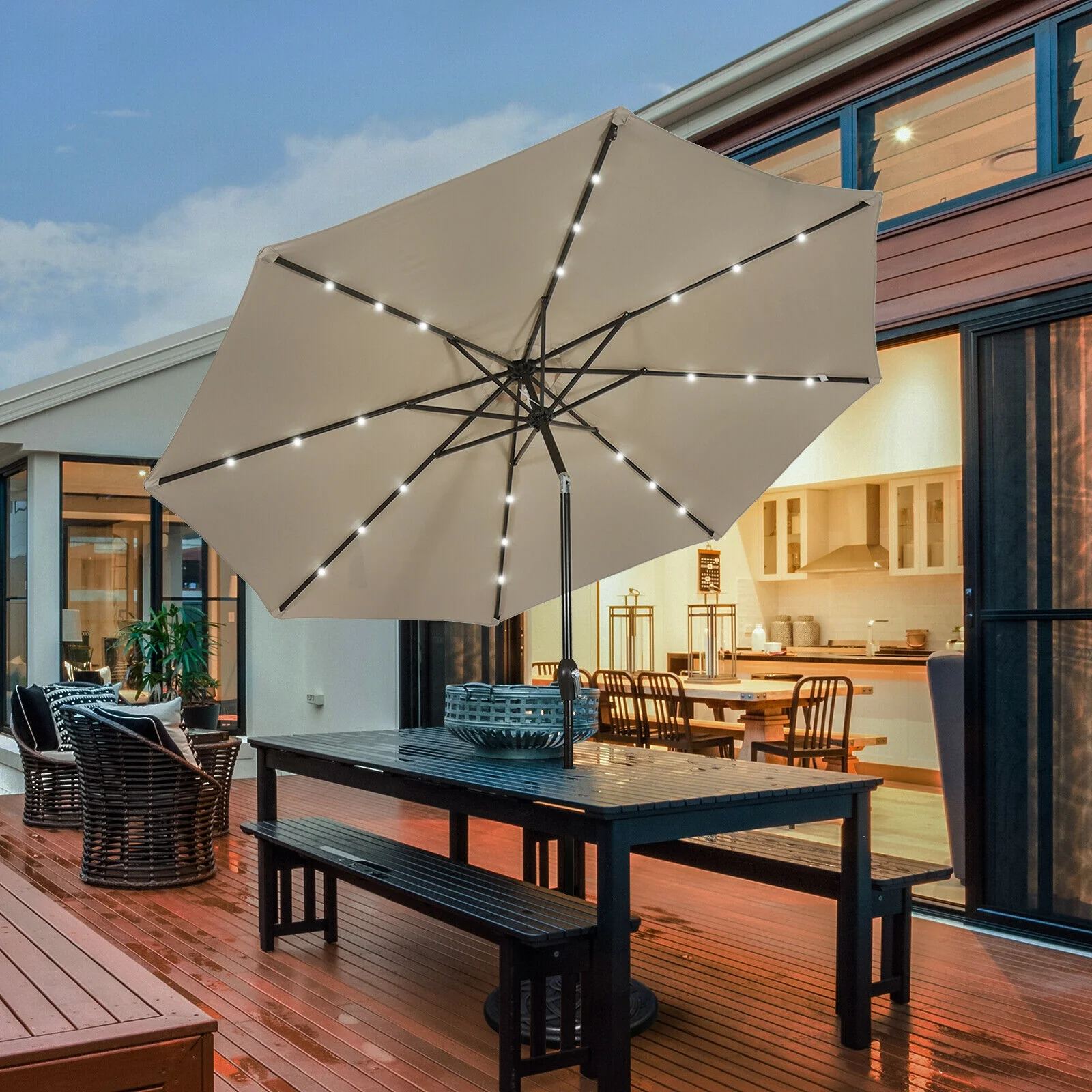10' Solar LED Patio Umbrella, Tilt Adjustment Crank, Tan - Image 3