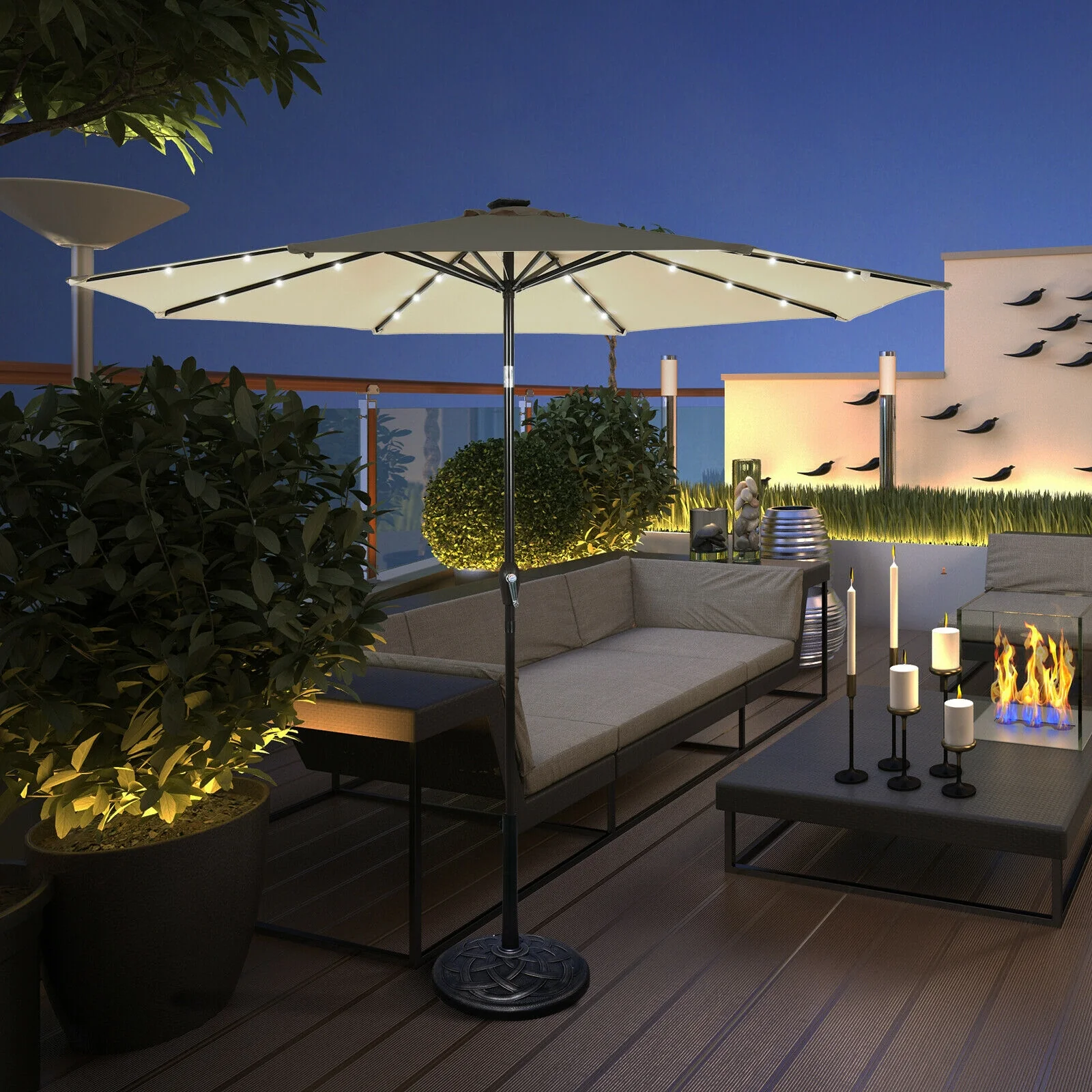 10' Solar LED Patio Umbrella, Tilt Adjustment Crank, Tan - Image 7