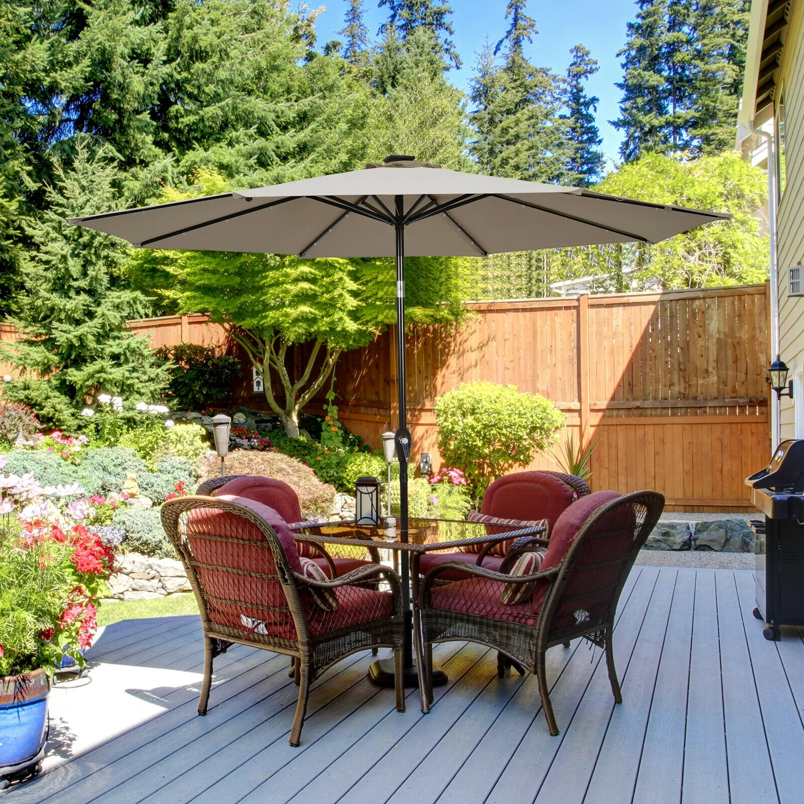 10' Solar LED Patio Umbrella, Tilt Adjustment Crank, Tan - Image 8