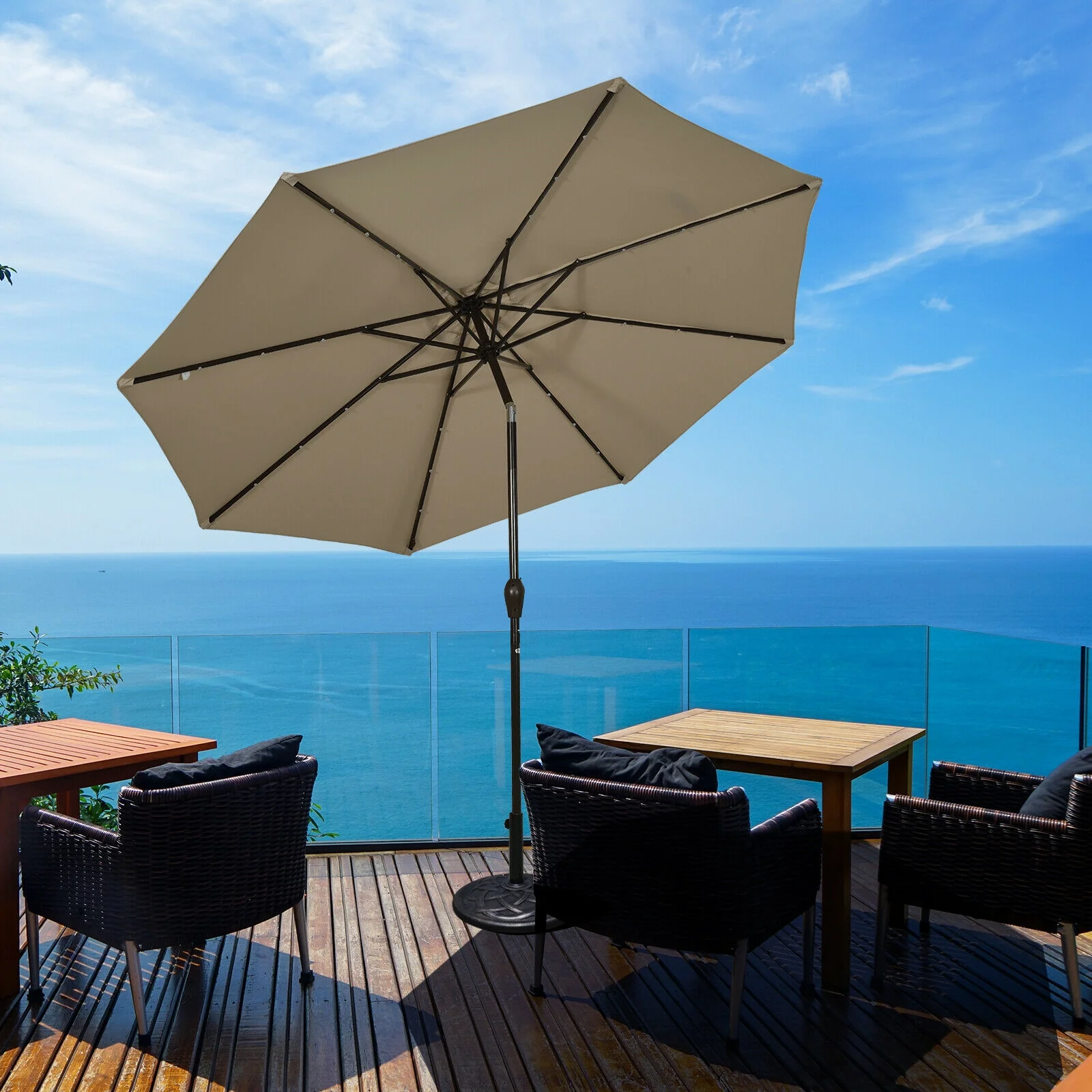 10' Solar LED Patio Umbrella, Tilt Adjustment Crank, Tan - Image 9