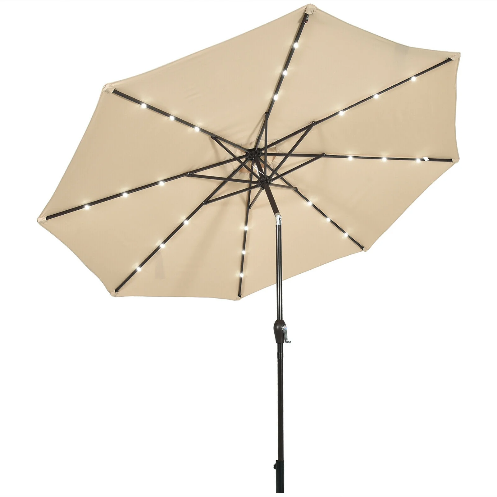 10' Solar LED Patio Umbrella, Tilt Crank, Beige