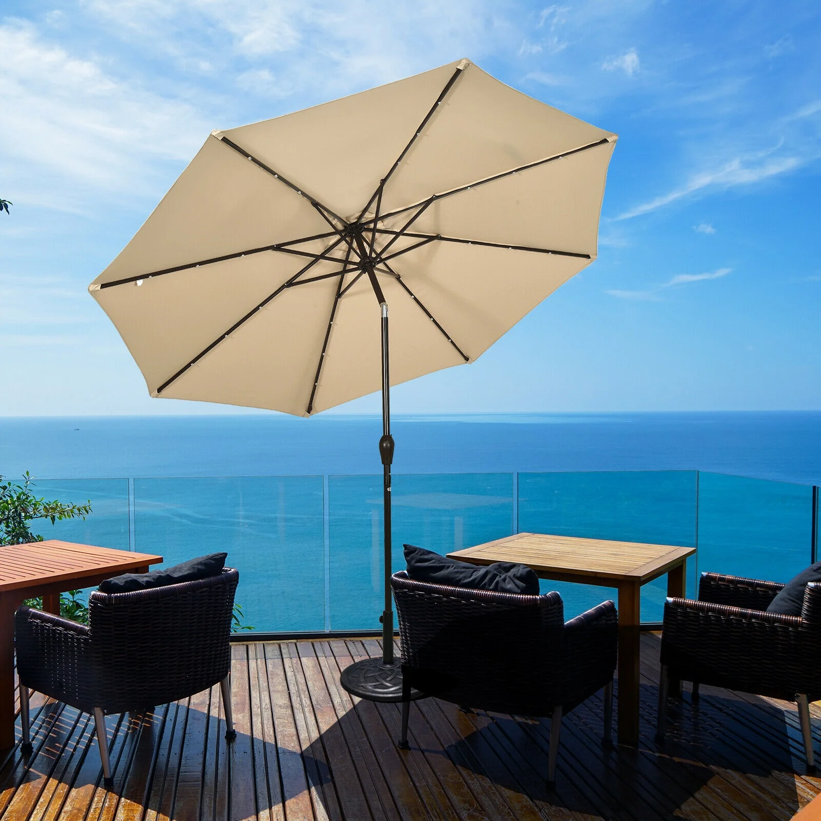 10' Solar LED Patio Umbrella, Tilt Crank, Beige - Image 10