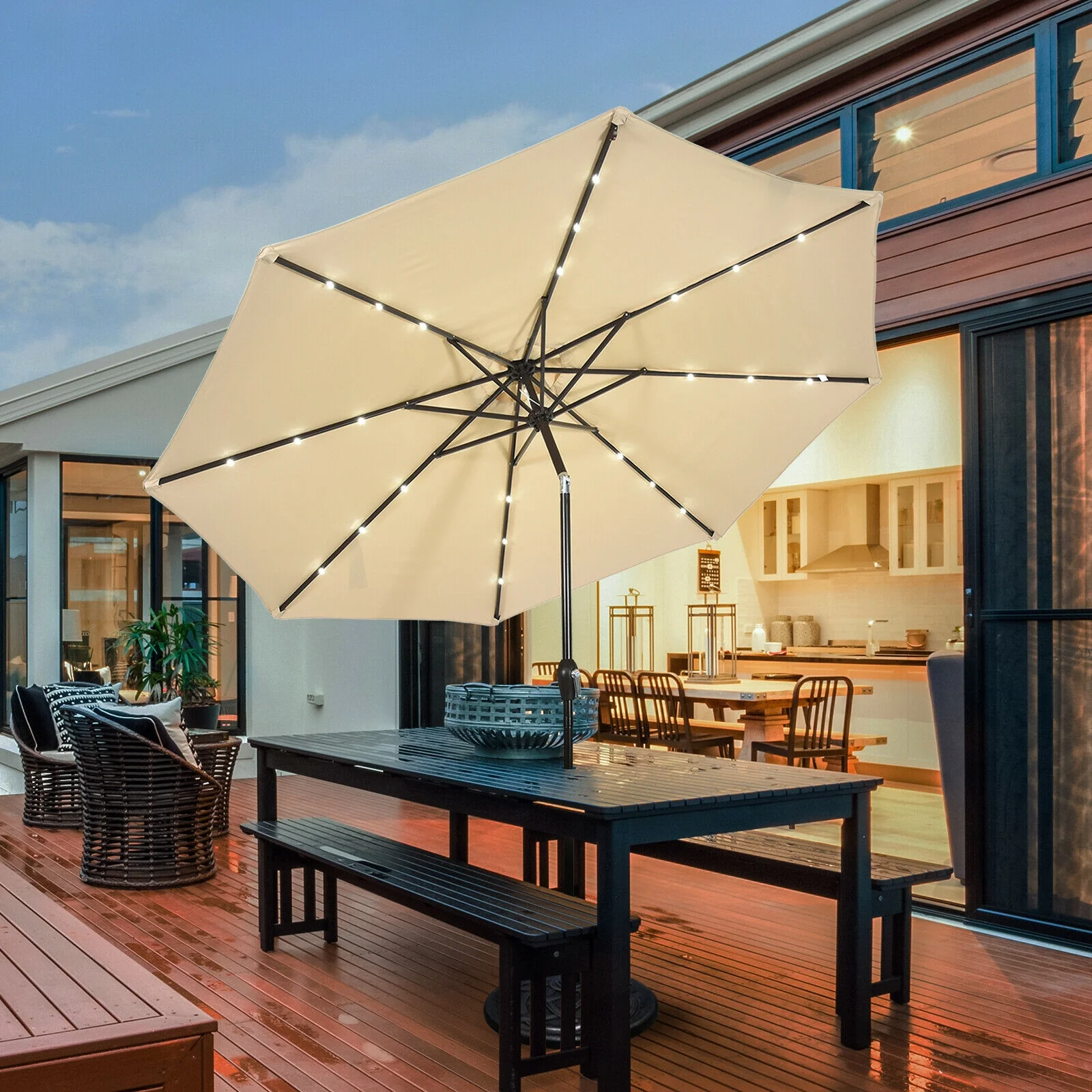 10' Solar LED Patio Umbrella, Tilt Crank, Beige - Image 3