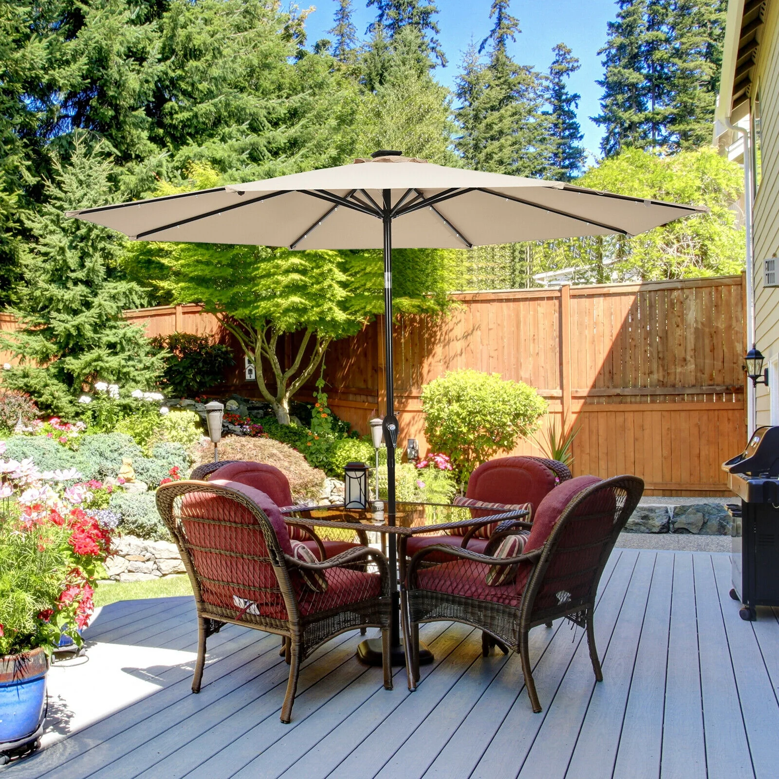 10' Solar LED Patio Umbrella, Tilt Crank, Beige - Image 8