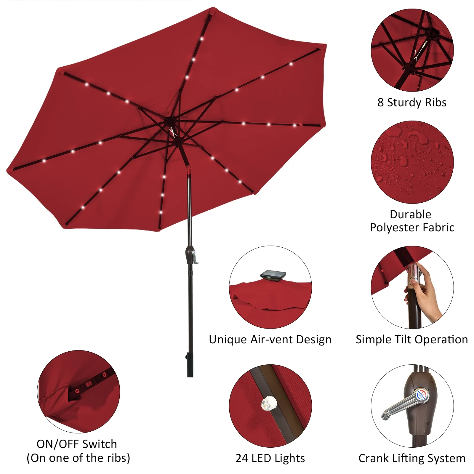 10' Solar LED Patio Umbrella, Tilt Crank, Dark Red - Image 10