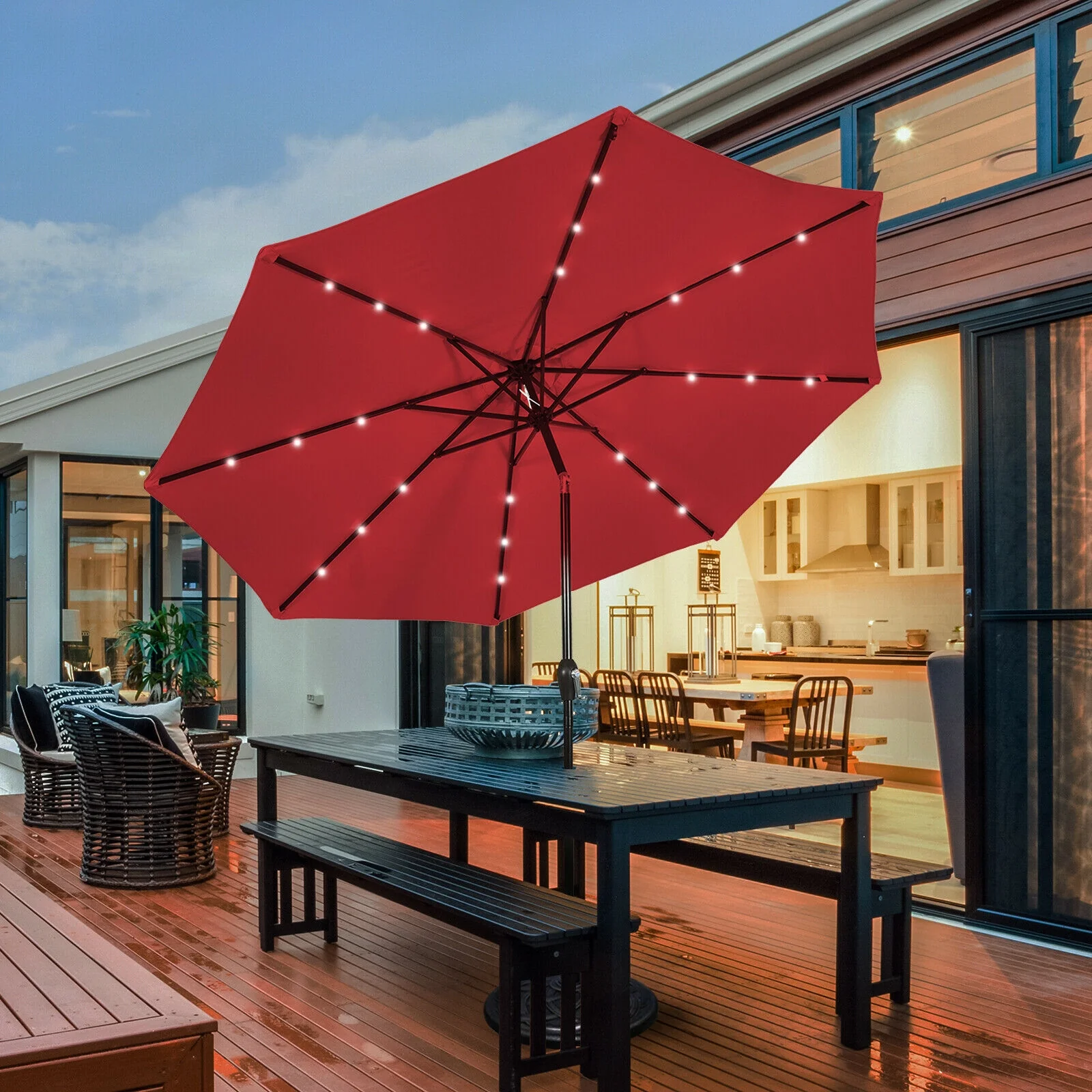 10' Solar LED Patio Umbrella, Tilt Crank, Dark Red - Image 2