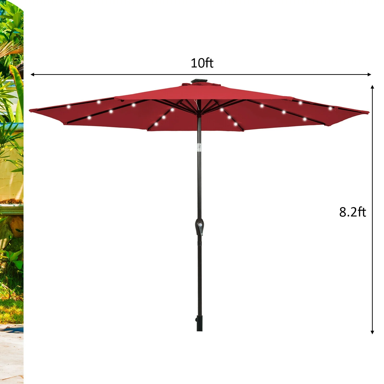 10' Solar LED Patio Umbrella, Tilt Crank, Dark Red - Image 6